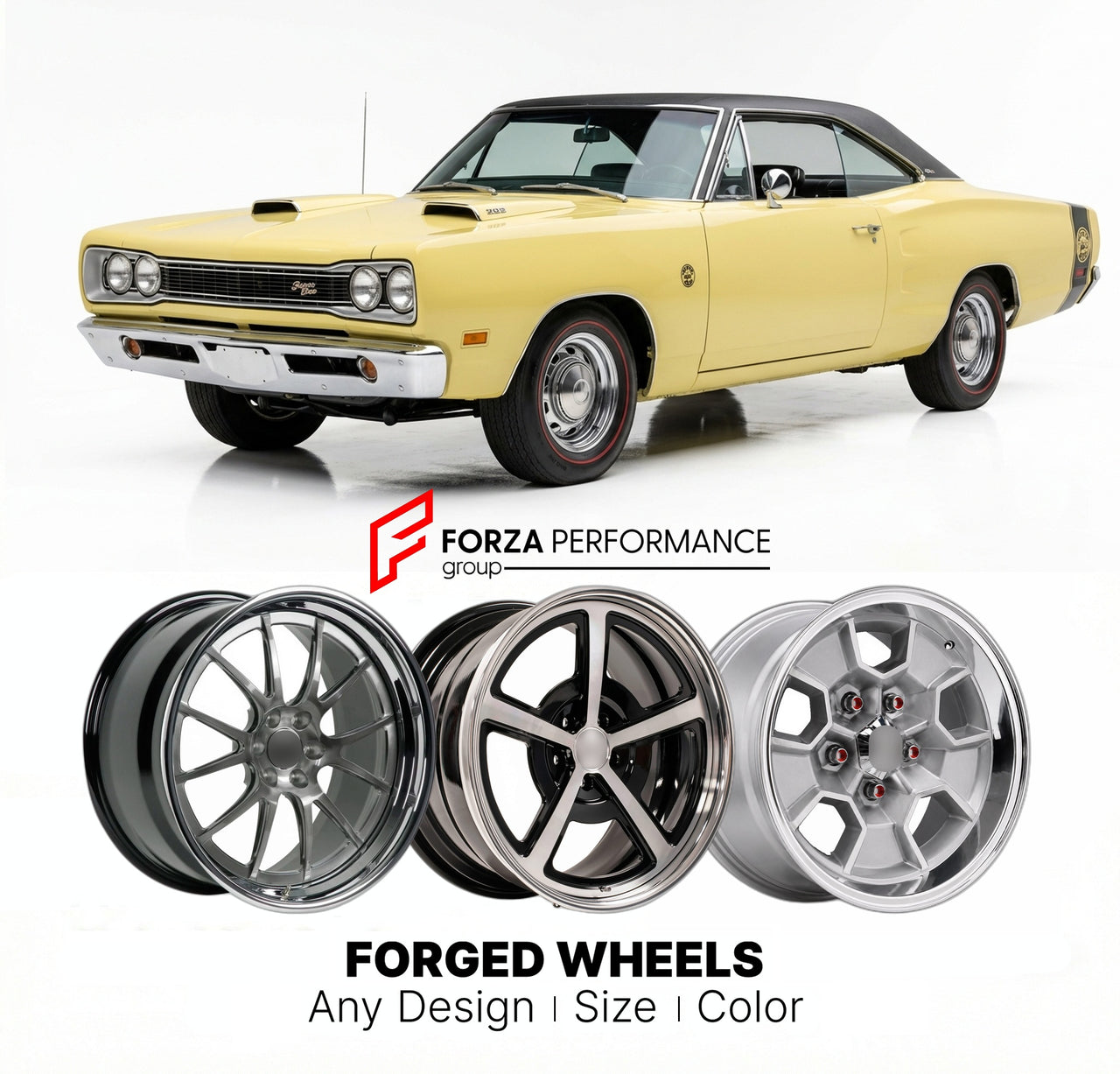 CUSTOM CLASSIC VINTAGE RESTOMOD RETRO OLD SCHOOL FORGED WHEELS RIMS for DODGE CORONET SUPER BEE 1969 - 1970
Custom forged wheels for classic American muscle cars. Ideal for restomod builds, vintage restorations, and show cars. Deep dish and retro styling available.

We manufacture premium quality forged wheels rims for Dodge Coronet Super Bee 1969 - 1970 in any design, size, color.

THIS WHEEL DESIGN CAN BE CUSTOM-MADE FOR YOUR CAR IN ANY SIZE AND COLOR OPTIONS
Available in monoblock, 2-piece, 3-piece, duob