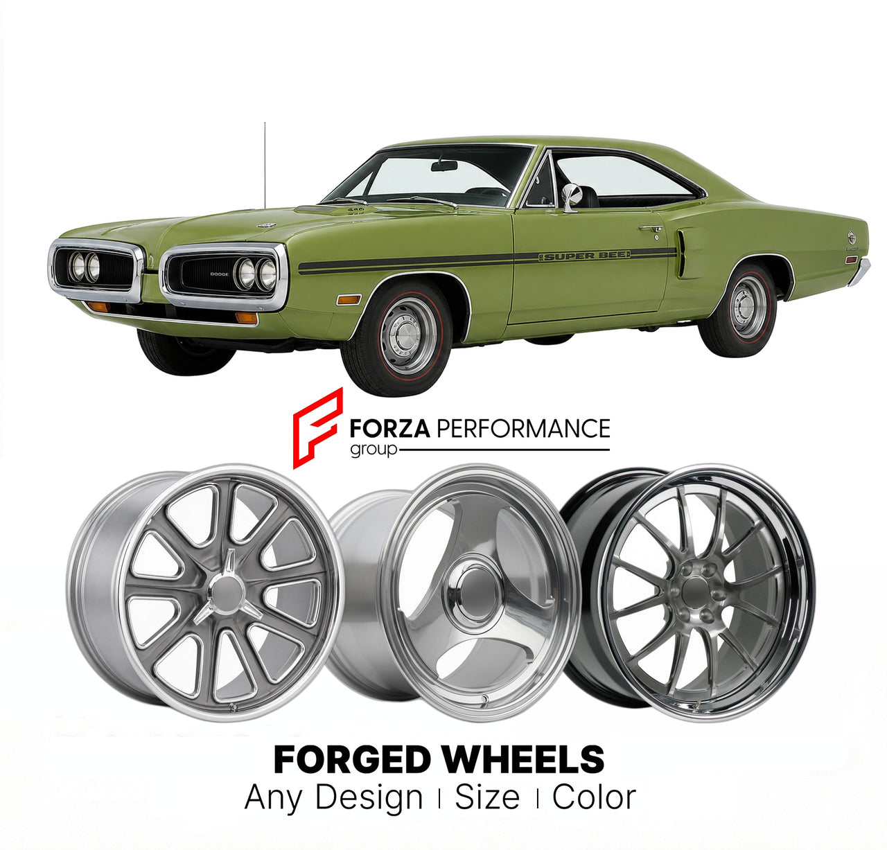 CUSTOM CLASSIC VINTAGE RESTOMOD RETRO OLD SCHOOL FORGED WHEELS RIMS for DODGE CORONET SUPER BEE 1971 - 1971
Custom forged wheels for classic American muscle cars. Ideal for restomod builds, vintage restorations, and show cars. Deep dish and retro styling available.

We manufacture premium quality forged wheels rims for Dodge Coronet Super Bee 1971 - 1971 in any design, size, color.

THIS WHEEL DESIGN CAN BE CUSTOM-MADE FOR YOUR CAR IN ANY SIZE AND COLOR OPTIONS
Available in monoblock, 2-piece, 3-piece, duob