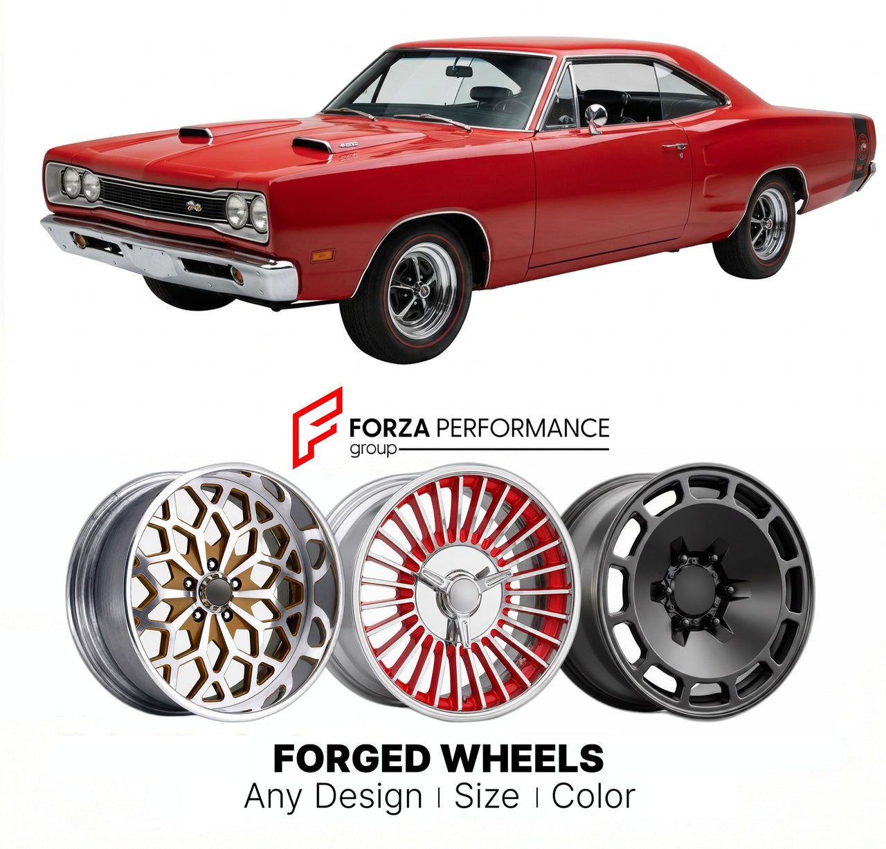 CUSTOM CLASSIC VINTAGE RESTOMOD RETRO OLD SCHOOL FORGED WHEELS RIMS for DODGE CORONET SUPER BEE 426 1969 - 1970
Custom forged wheels for classic American muscle cars. Ideal for restomod builds, vintage restorations, and show cars. Deep dish and retro styling available.

We manufacture premium quality forged wheels rims for Dodge Coronet Super Bee 426 1969 - 1970 in any design, size, color.

THIS WHEEL DESIGN CAN BE CUSTOM-MADE FOR YOUR CAR IN ANY SIZE AND COLOR OPTIONS
Available in monoblock, 2-piece, 3-pie