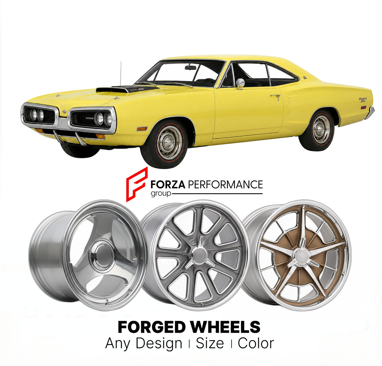 CUSTOM CLASSIC VINTAGE RESTOMOD RETRO OLD SCHOOL FORGED WHEELS RIMS for DODGE CORONET SUPER BEE 426 1971 - 1971
Custom forged wheels for classic American muscle cars. Ideal for restomod builds, vintage restorations, and show cars. Deep dish and retro styling available.

We manufacture premium quality forged wheels rims for Dodge Coronet Super Bee 426 1971 - 1971 in any design, size, color.

THIS WHEEL DESIGN CAN BE CUSTOM-MADE FOR YOUR CAR IN ANY SIZE AND COLOR OPTIONS
Available in monoblock, 2-piece, 3-pie