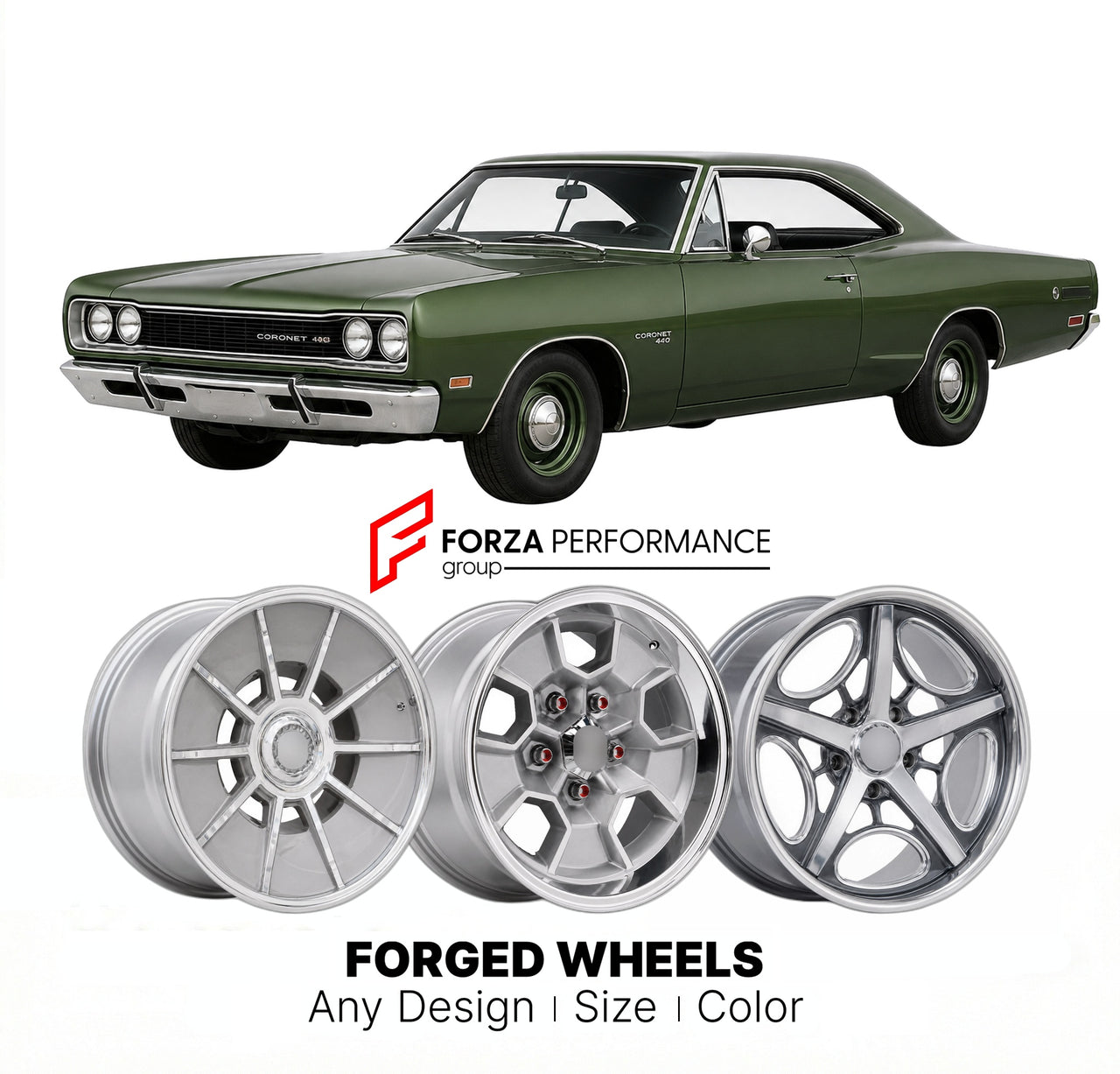 CUSTOM CLASSIC VINTAGE RESTOMOD RETRO OLD SCHOOL FORGED WHEELS RIMS for DODGE CORONET W023 1969 - 1969
Custom forged wheels for classic American muscle cars. Ideal for restomod builds, vintage restorations, and show cars. Deep dish and retro styling available.

We manufacture premium quality forged wheels rims for Dodge Coronet W023 1969 - 1969 in any design, size, color.

THIS WHEEL DESIGN CAN BE CUSTOM-MADE FOR YOUR CAR IN ANY SIZE AND COLOR OPTIONS
Available in monoblock, 2-piece, 3-piece, duoblock, bead
