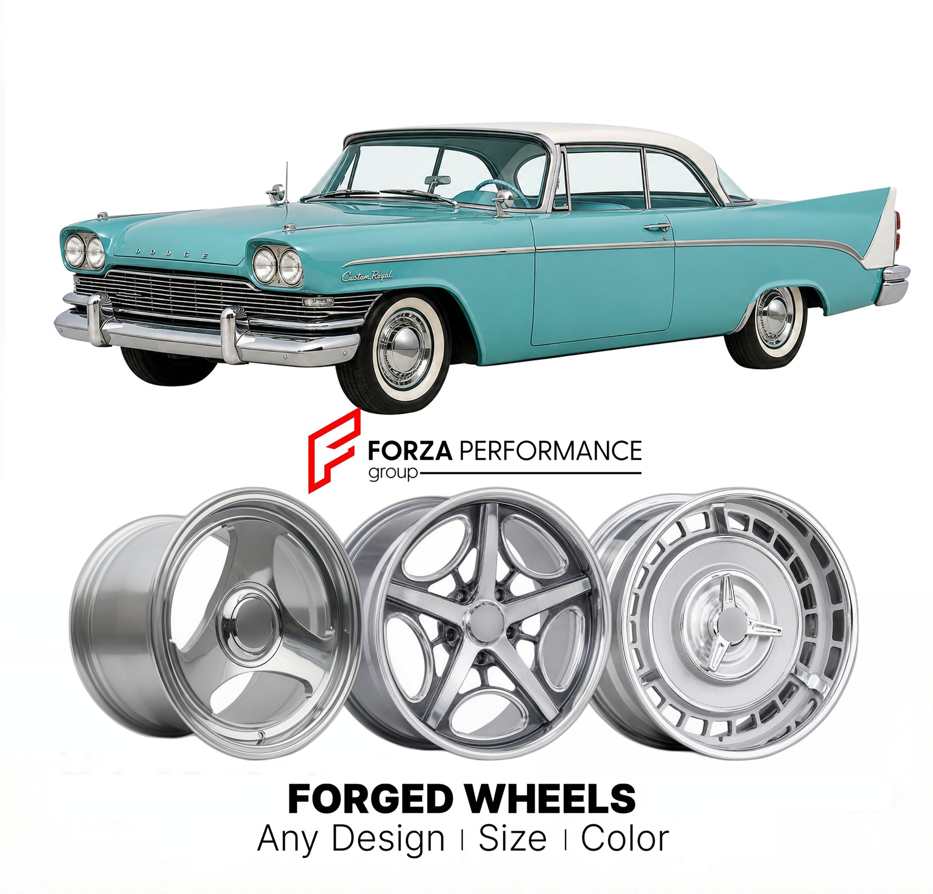 CUSTOM CLASSIC VINTAGE RESTOMOD RETRO OLD SCHOOL FORGED WHEELS RIMS for DODGE CUSTOM ROYAL 1958 - 1959
Custom forged wheels for classic American muscle cars. Ideal for restomod builds, vintage restorations, and show cars. Deep dish and retro styling available.

We manufacture premium quality forged wheels rims for Dodge Custom Royal 1958 - 1959 in any design, size, color.

THIS WHEEL DESIGN CAN BE CUSTOM-MADE FOR YOUR CAR IN ANY SIZE AND COLOR OPTIONS
Available in monoblock, 2-piece, 3-piece, duoblock, bead