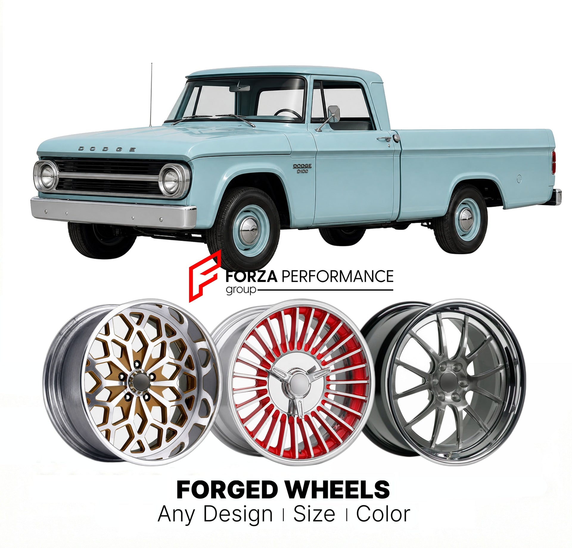 CUSTOM CLASSIC VINTAGE RESTOMOD RETRO OLD SCHOOL FORGED WHEELS RIMS for DODGE D100 1965 - 1971
Custom forged wheels for classic American muscle cars. Ideal for restomod builds, vintage restorations, and show cars. Deep dish and retro styling available.

We manufacture premium quality forged wheels rims for Dodge D100 1965 - 1971 in any design, size, color.

THIS WHEEL DESIGN CAN BE CUSTOM-MADE FOR YOUR CAR IN ANY SIZE AND COLOR OPTIONS
Available in monoblock, 2-piece, 3-piece, duoblock, beadlock
3D wheel re