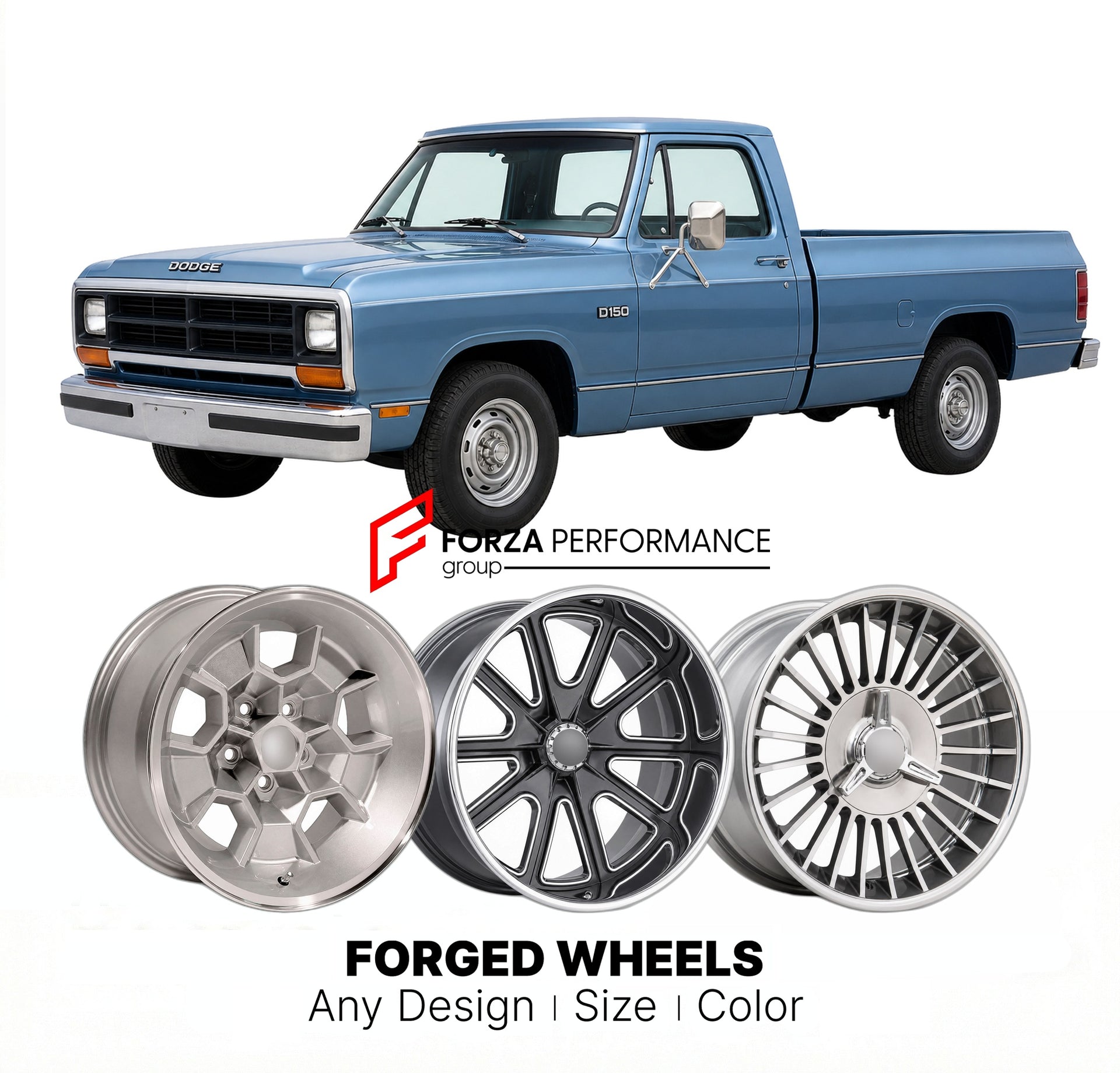 CUSTOM CLASSIC VINTAGE RESTOMOD RETRO OLD SCHOOL FORGED WHEELS RIMS for DODGE D150 1981 - 1990
Custom forged wheels for classic American muscle cars. Ideal for restomod builds, vintage restorations, and show cars. Deep dish and retro styling available.

We manufacture premium quality forged wheels rims for Dodge D150 1981 - 1990 in any design, size, color.

THIS WHEEL DESIGN CAN BE CUSTOM-MADE FOR YOUR CAR IN ANY SIZE AND COLOR OPTIONS
Available in monoblock, 2-piece, 3-piece, duoblock, beadlock
3D wheel re