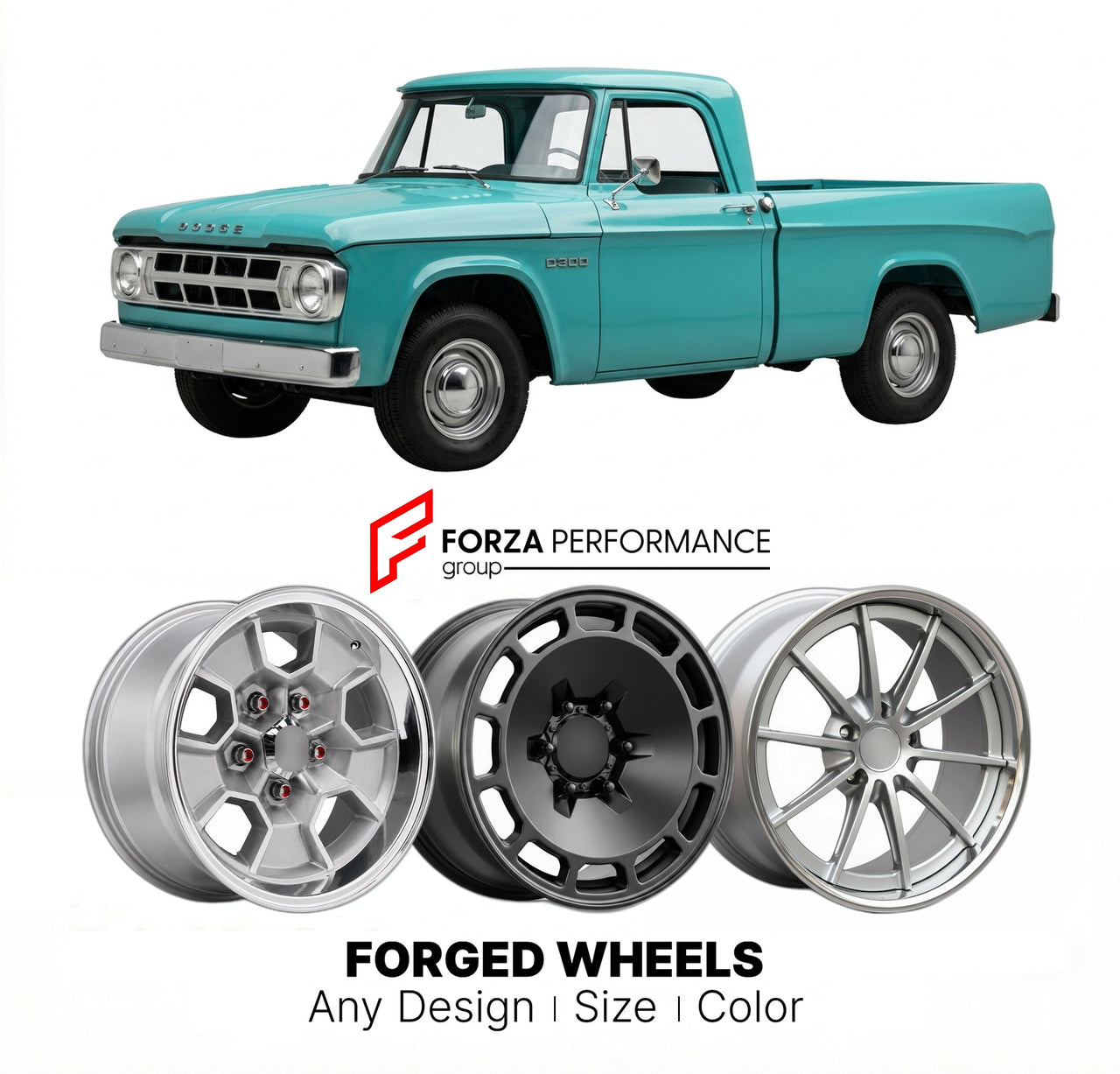 CUSTOM CLASSIC VINTAGE RESTOMOD RETRO OLD SCHOOL FORGED WHEELS RIMS for DODGE D300 1961 - 1971
Custom forged wheels for classic American muscle cars. Ideal for restomod builds, vintage restorations, and show cars. Deep dish and retro styling available.

We manufacture premium quality forged wheels rims for Dodge D300 1961 - 1971 in any design, size, color.

THIS WHEEL DESIGN CAN BE CUSTOM-MADE FOR YOUR CAR IN ANY SIZE AND COLOR OPTIONS
Available in monoblock, 2-piece, 3-piece, duoblock, beadlock
3D wheel re