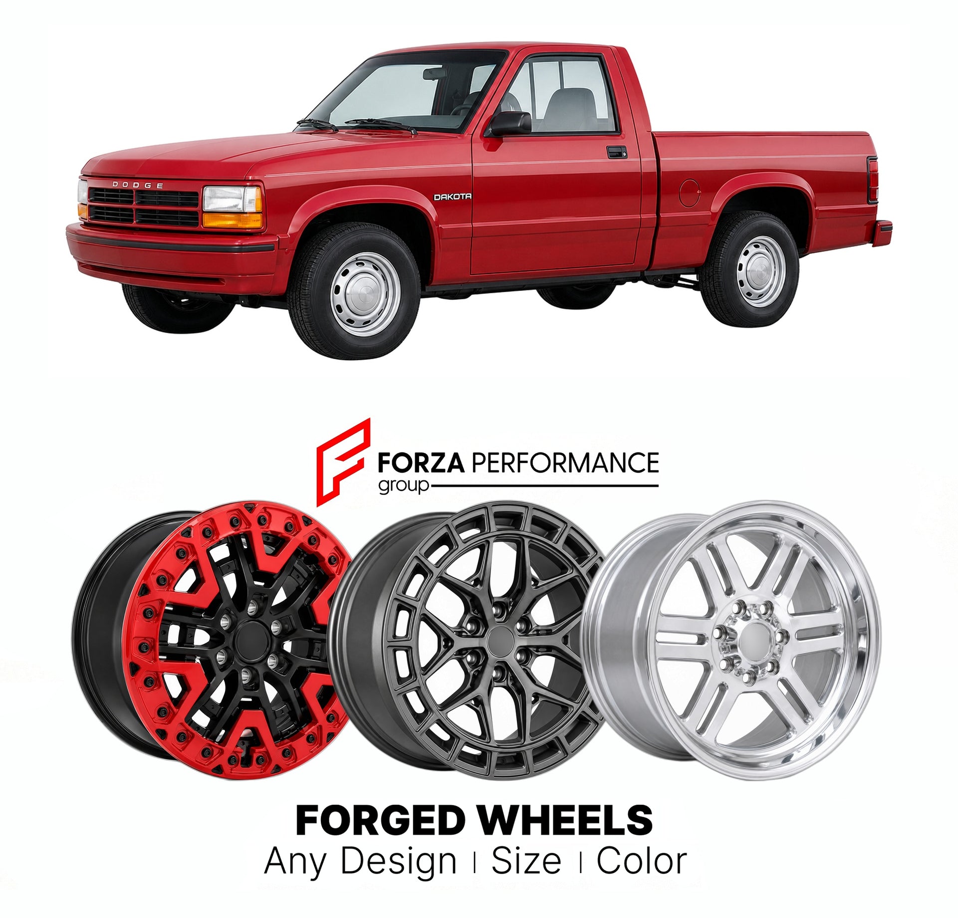 FORGED WHEELS RIMS for DODGE DAKOTA 1990 - 1996

Custom forged wheels for Dodge Dakota 1990 - 1996. Made-to-order monoblock, 2-piece and 3-piece rims in custom sizes, offsets, colors and finishes with guaranteed fitment.

We manufacture premium quality forged wheels rims for Dodge Dakota 1990 - 1996 in any design, size, color.

THIS WHEEL DESIGN CAN BE CUSTOM-MADE FOR YOUR CAR IN ANY SIZE AND COLOR OPTIONS
Available in monoblock, 2-piece, 3-piece, duoblock, beadlock
3D wheel renderings are provided accordin