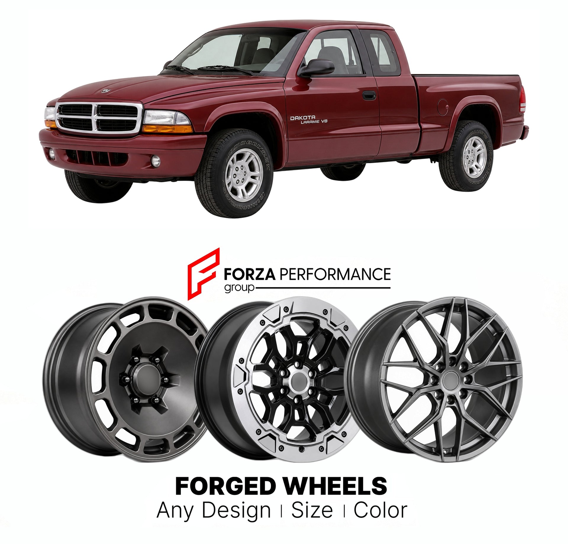 FORGED WHEELS RIMS for DODGE DAKOTA LARAMIE 1997 - 2011

Custom forged wheels for Dodge Dakota Laramie 1997 - 2011. Made-to-order monoblock, 2-piece and 3-piece rims in custom sizes, offsets, colors and finishes with guaranteed fitment.

We manufacture premium quality forged wheels rims for Dodge Dakota Laramie 1997 - 2011 in any design, size, color.

THIS WHEEL DESIGN CAN BE CUSTOM-MADE FOR YOUR CAR IN ANY SIZE AND COLOR OPTIONS
Available in monoblock, 2-piece, 3-piece, duoblock, beadlock
3D wheel renderin