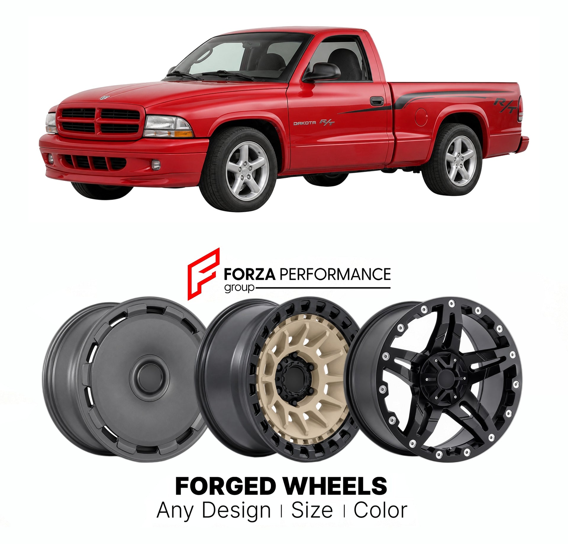 FORGED WHEELS RIMS for DODGE DAKOTA R T 1997 - 2011

Custom forged wheels for Dodge Dakota R T 1997 - 2011. Made-to-order monoblock, 2-piece and 3-piece rims in custom sizes, offsets, colors and finishes with guaranteed fitment.

We manufacture premium quality forged wheels rims for Dodge Dakota R T 1997 - 2011 in any design, size, color.

THIS WHEEL DESIGN CAN BE CUSTOM-MADE FOR YOUR CAR IN ANY SIZE AND COLOR OPTIONS
Available in monoblock, 2-piece, 3-piece, duoblock, beadlock
3D wheel renderings are provi