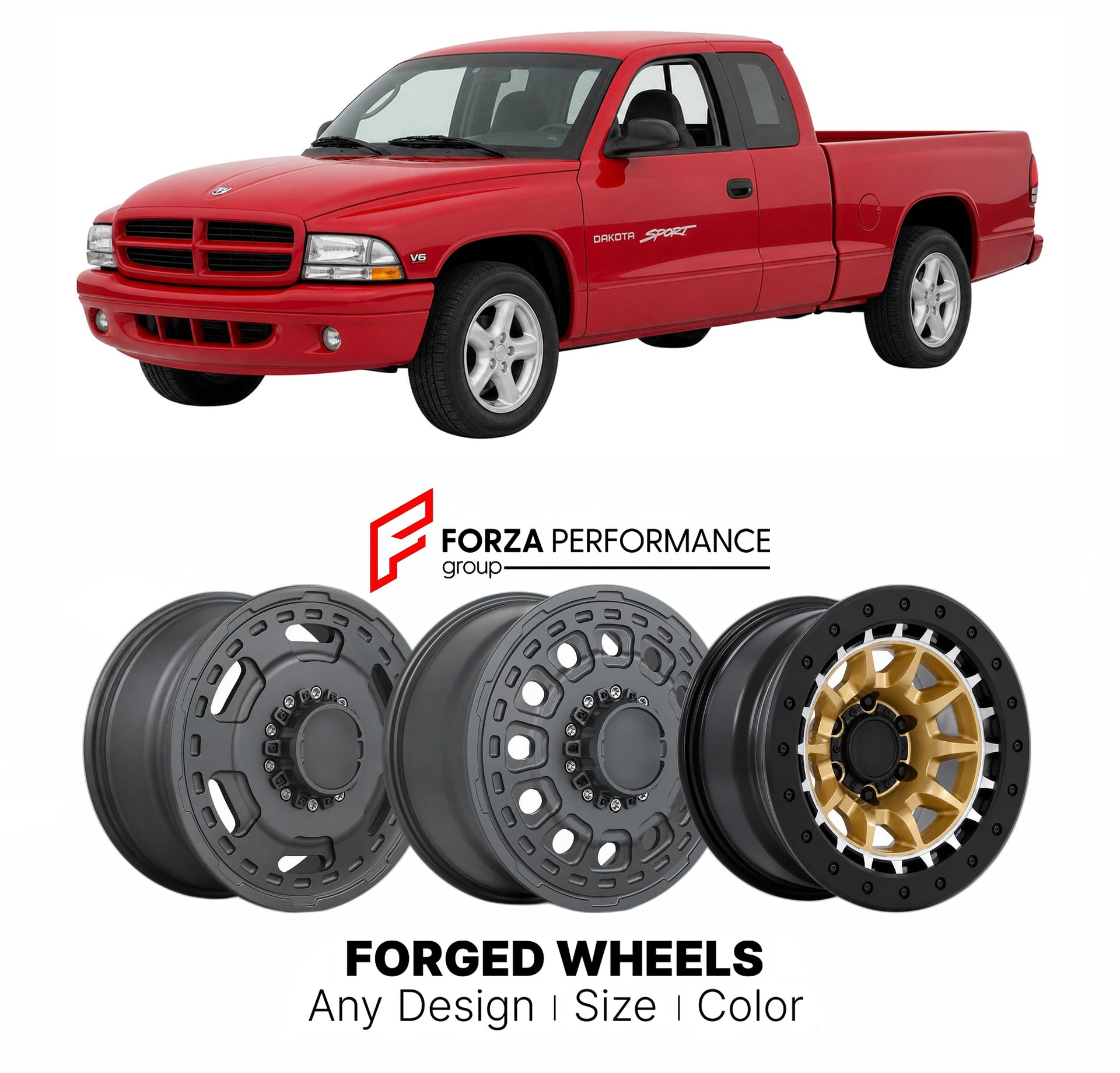 FORGED WHEELS RIMS for DODGE DAKOTA SPORT 1997 - 2011

Custom forged wheels for Dodge Dakota Sport 1997 - 2011. Made-to-order monoblock, 2-piece and 3-piece rims in custom sizes, offsets, colors and finishes with guaranteed fitment.

We manufacture premium quality forged wheels rims for Dodge Dakota Sport 1997 - 2011 in any design, size, color.

THIS WHEEL DESIGN CAN BE CUSTOM-MADE FOR YOUR CAR IN ANY SIZE AND COLOR OPTIONS
Available in monoblock, 2-piece, 3-piece, duoblock, beadlock
3D wheel renderings are