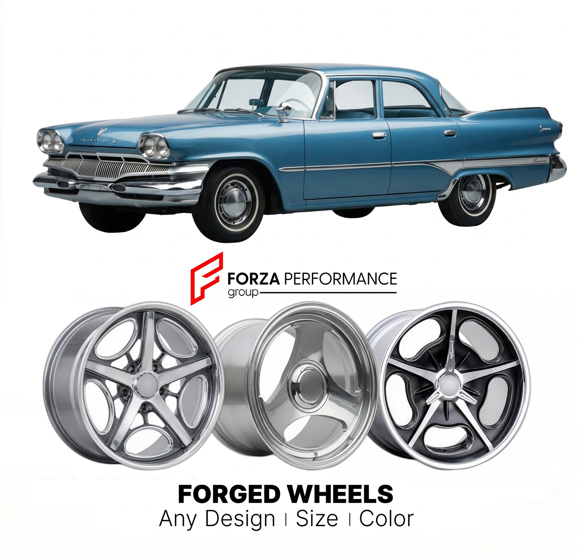CUSTOM CLASSIC VINTAGE RESTOMOD RETRO OLD SCHOOL FORGED WHEELS RIMS for DODGE DART 1960 - 1961
Custom forged wheels for classic American muscle cars. Ideal for restomod builds, vintage restorations, and show cars. Deep dish and retro styling available.

We manufacture premium quality forged wheels rims for Dodge Dart 1960 - 1961 in any design, size, color.

THIS WHEEL DESIGN CAN BE CUSTOM-MADE FOR YOUR CAR IN ANY SIZE AND COLOR OPTIONS
Available in monoblock, 2-piece, 3-piece, duoblock, beadlock
3D wheel re