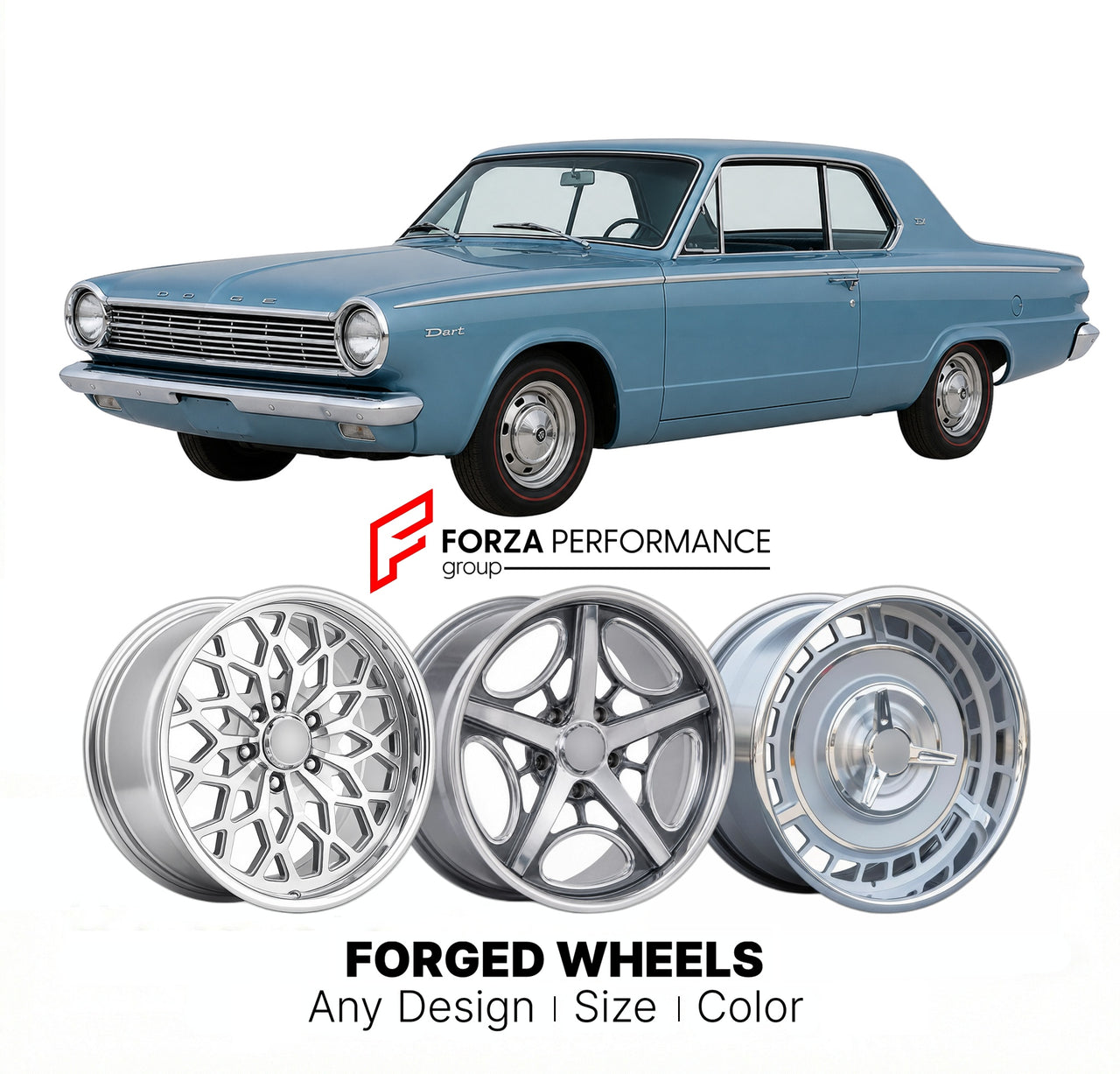 CUSTOM CLASSIC VINTAGE RESTOMOD RETRO OLD SCHOOL FORGED WHEELS RIMS for DODGE DART 1963 - 1966
Custom forged wheels for classic American muscle cars. Ideal for restomod builds, vintage restorations, and show cars. Deep dish and retro styling available.

We manufacture premium quality forged wheels rims for Dodge Dart 1963 - 1966 in any design, size, color.

THIS WHEEL DESIGN CAN BE CUSTOM-MADE FOR YOUR CAR IN ANY SIZE AND COLOR OPTIONS
Available in monoblock, 2-piece, 3-piece, duoblock, beadlock
3D wheel re
