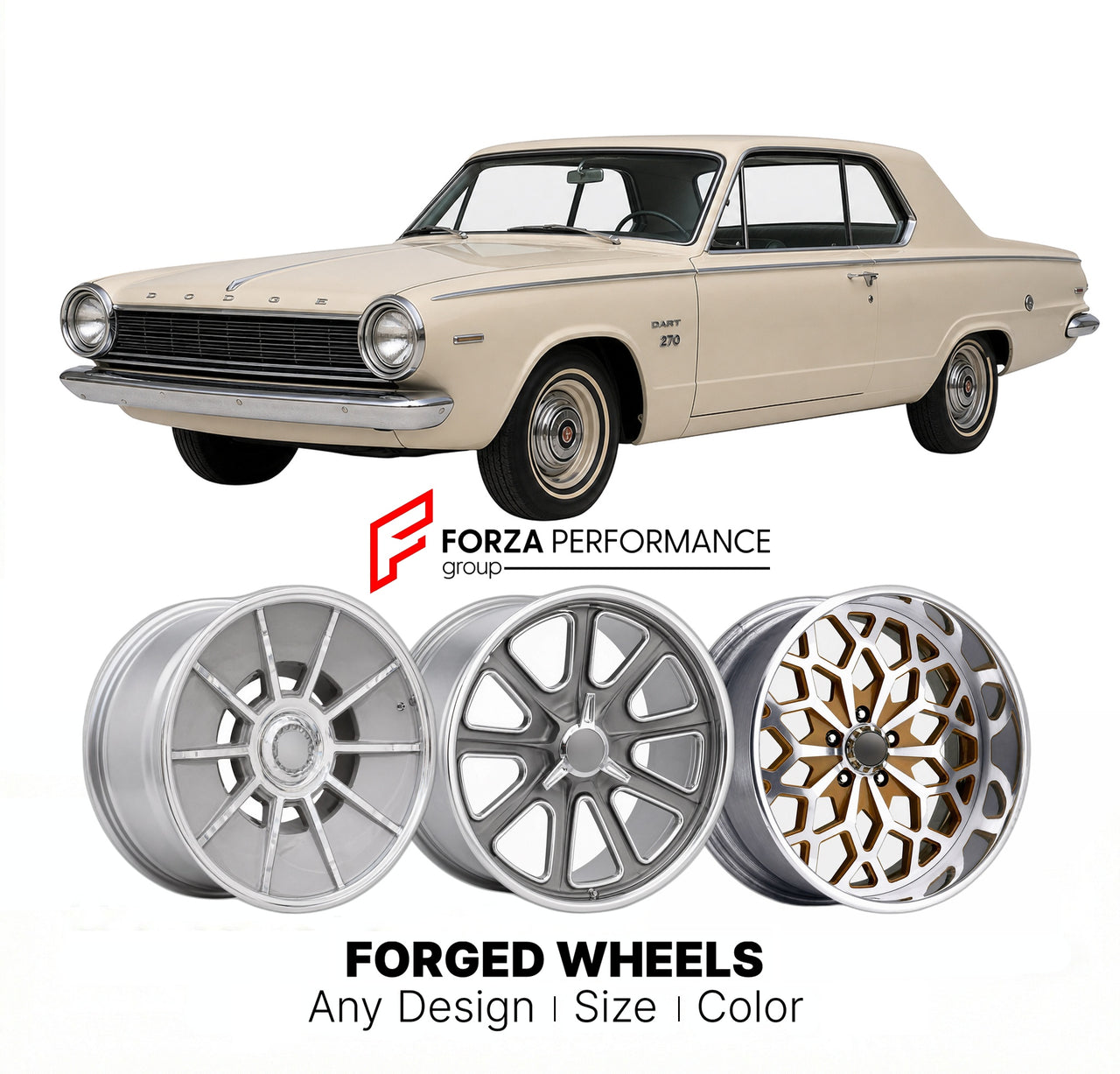 CUSTOM CLASSIC VINTAGE RESTOMOD RETRO OLD SCHOOL FORGED WHEELS RIMS for DODGE DART 270 1962 - 1962
Custom forged wheels for classic American muscle cars. Ideal for restomod builds, vintage restorations, and show cars. Deep dish and retro styling available.

We manufacture premium quality forged wheels rims for Dodge Dart 270 1962 - 1962 in any design, size, color.

THIS WHEEL DESIGN CAN BE CUSTOM-MADE FOR YOUR CAR IN ANY SIZE AND COLOR OPTIONS
Available in monoblock, 2-piece, 3-piece, duoblock, beadlock
3D 