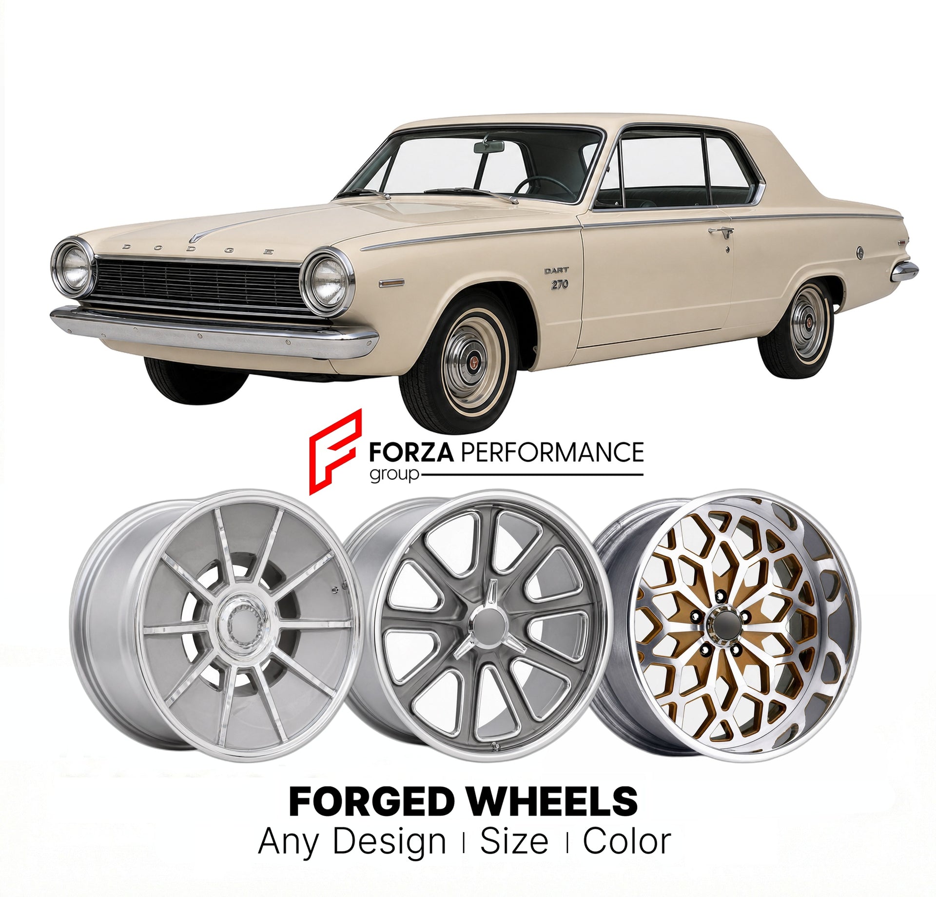 CUSTOM CLASSIC VINTAGE RESTOMOD RETRO OLD SCHOOL FORGED WHEELS RIMS for DODGE DART 270 1962 - 1962
Custom forged wheels for classic American muscle cars. Ideal for restomod builds, vintage restorations, and show cars. Deep dish and retro styling available.

We manufacture premium quality forged wheels rims for Dodge Dart 270 1962 - 1962 in any design, size, color.

THIS WHEEL DESIGN CAN BE CUSTOM-MADE FOR YOUR CAR IN ANY SIZE AND COLOR OPTIONS
Available in monoblock, 2-piece, 3-piece, duoblock, beadlock
3D 