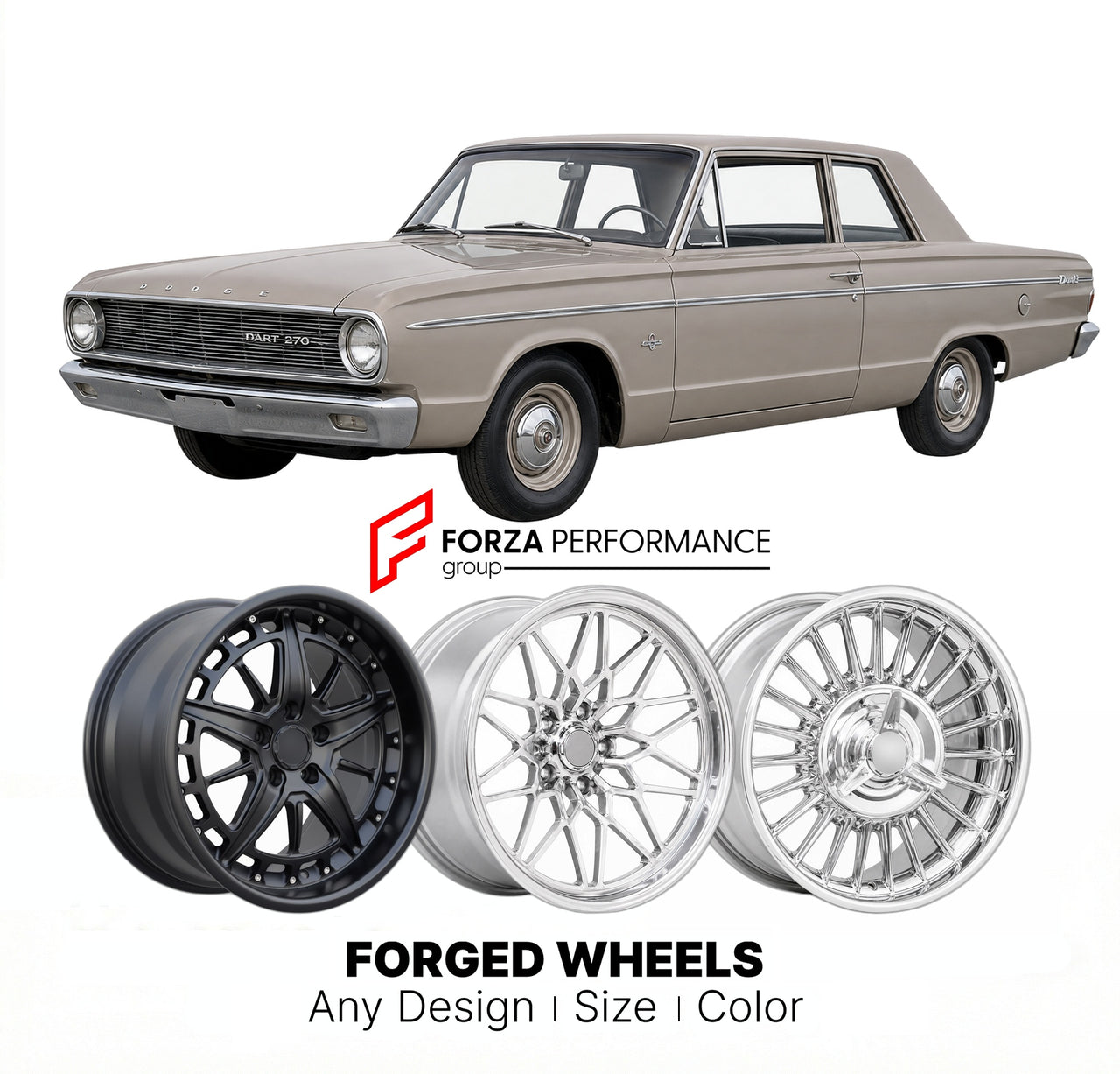 CUSTOM CLASSIC VINTAGE RESTOMOD RETRO OLD SCHOOL FORGED WHEELS RIMS for DODGE DART 270 1963 - 1965
Custom forged wheels for classic American muscle cars. Ideal for restomod builds, vintage restorations, and show cars. Deep dish and retro styling available.

We manufacture premium quality forged wheels rims for Dodge Dart 270 1963 - 1965 in any design, size, color.

THIS WHEEL DESIGN CAN BE CUSTOM-MADE FOR YOUR CAR IN ANY SIZE AND COLOR OPTIONS
Available in monoblock, 2-piece, 3-piece, duoblock, beadlock
3D 