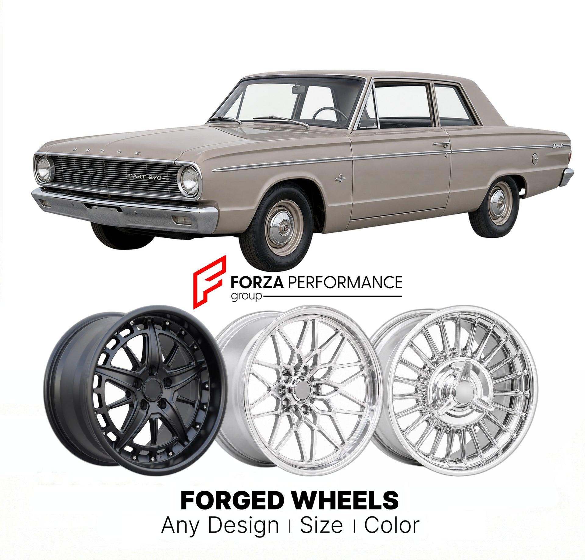 CUSTOM CLASSIC VINTAGE RESTOMOD RETRO OLD SCHOOL FORGED WHEELS RIMS for DODGE DART 270 1963 - 1965
Custom forged wheels for classic American muscle cars. Ideal for restomod builds, vintage restorations, and show cars. Deep dish and retro styling available.

We manufacture premium quality forged wheels rims for Dodge Dart 270 1963 - 1965 in any design, size, color.

THIS WHEEL DESIGN CAN BE CUSTOM-MADE FOR YOUR CAR IN ANY SIZE AND COLOR OPTIONS
Available in monoblock, 2-piece, 3-piece, duoblock, beadlock
3D 