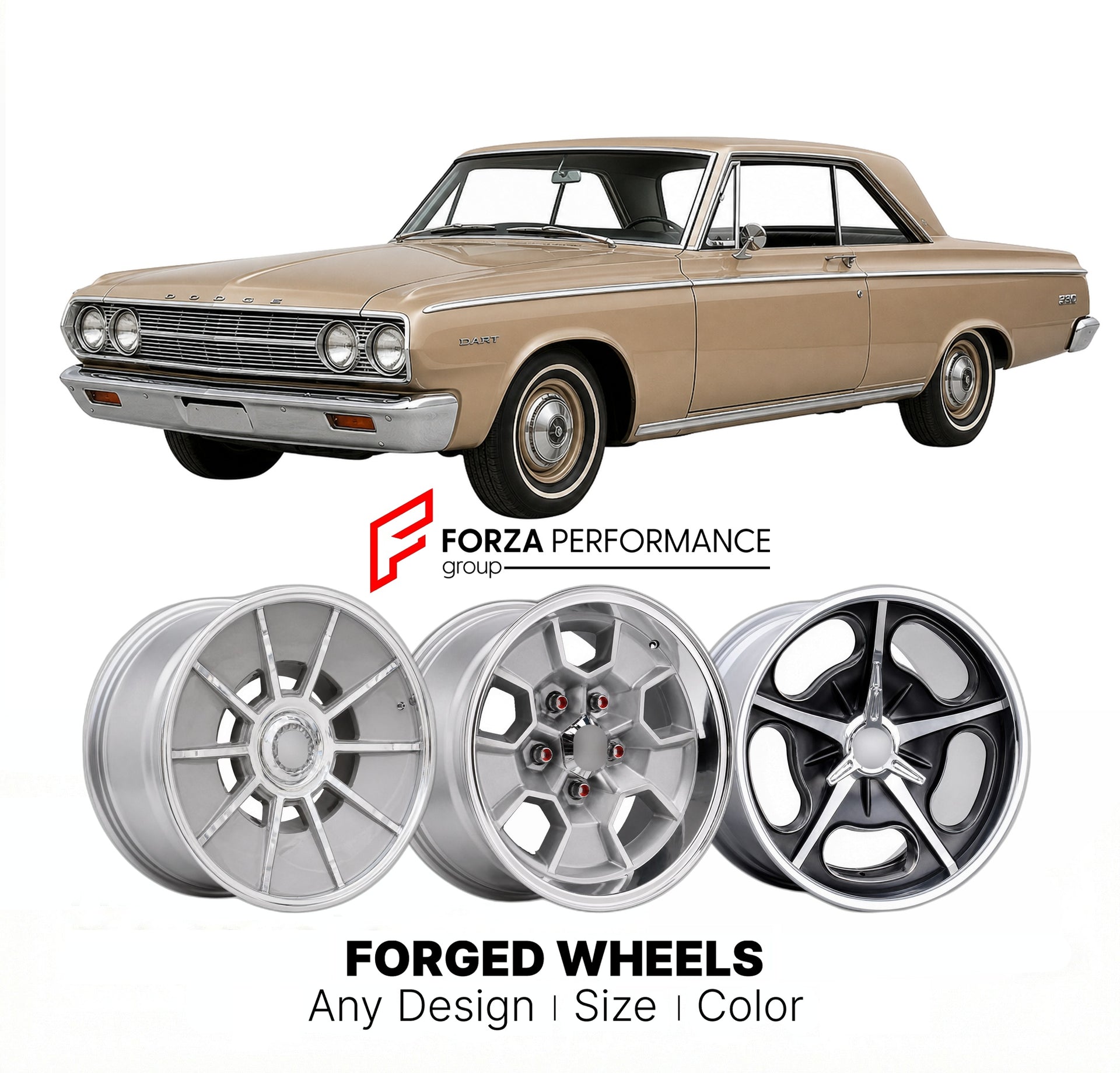 CUSTOM CLASSIC VINTAGE RESTOMOD RETRO OLD SCHOOL FORGED WHEELS RIMS for DODGE DART 330 1962 - 1962
Custom forged wheels for classic American muscle cars. Ideal for restomod builds, vintage restorations, and show cars. Deep dish and retro styling available.

We manufacture premium quality forged wheels rims for Dodge Dart 330 1962 - 1962 in any design, size, color.

THIS WHEEL DESIGN CAN BE CUSTOM-MADE FOR YOUR CAR IN ANY SIZE AND COLOR OPTIONS
Available in monoblock, 2-piece, 3-piece, duoblock, beadlock
3D 