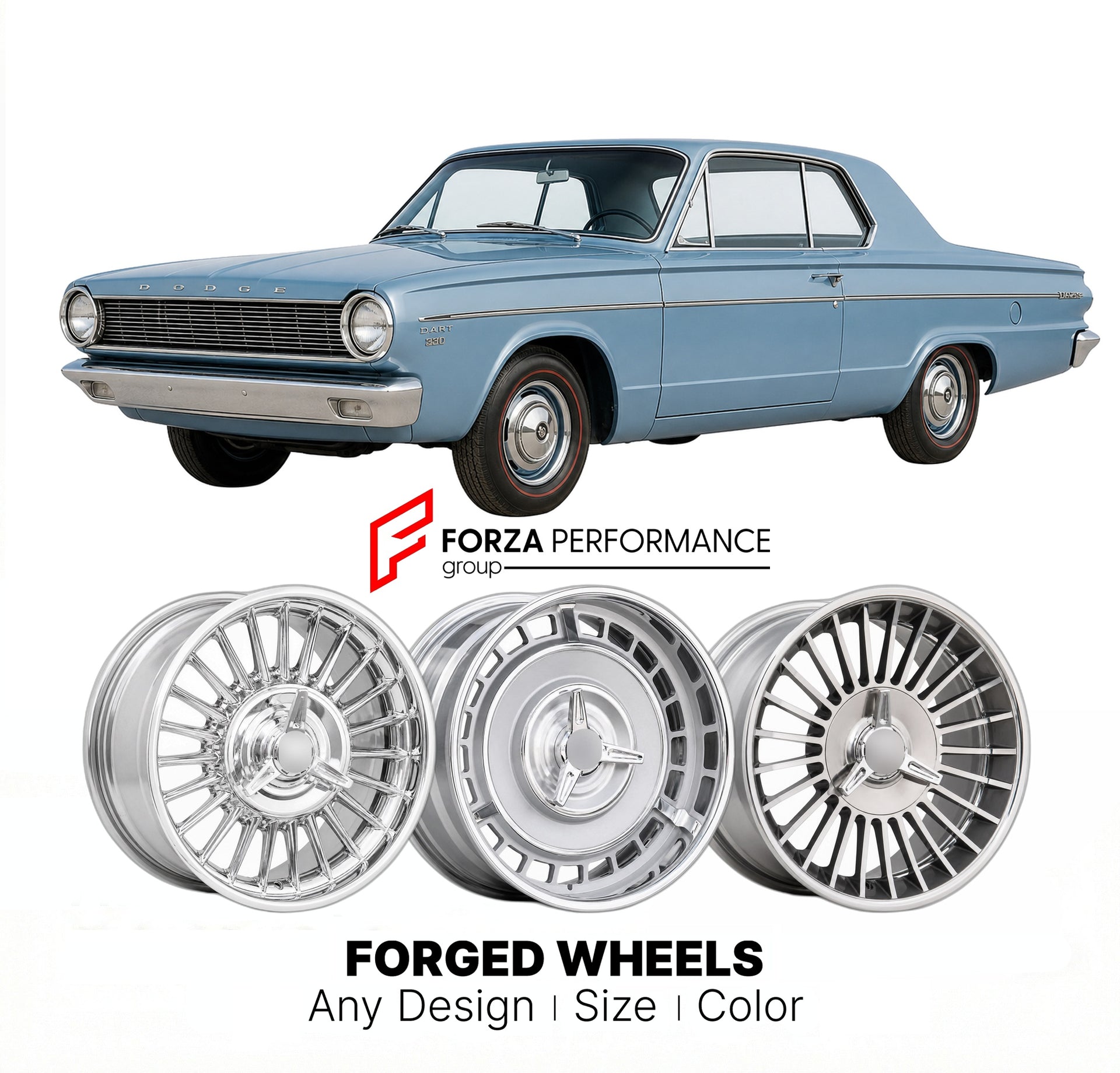 CUSTOM CLASSIC VINTAGE RESTOMOD RETRO OLD SCHOOL FORGED WHEELS RIMS for DODGE DART 330 1963 - 1964
Custom forged wheels for classic American muscle cars. Ideal for restomod builds, vintage restorations, and show cars. Deep dish and retro styling available.

We manufacture premium quality forged wheels rims for Dodge Dart 330 1963 - 1964 in any design, size, color.

THIS WHEEL DESIGN CAN BE CUSTOM-MADE FOR YOUR CAR IN ANY SIZE AND COLOR OPTIONS
Available in monoblock, 2-piece, 3-piece, duoblock, beadlock
3D 