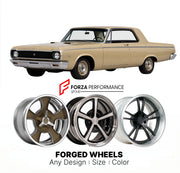 CUSTOM CLASSIC VINTAGE RESTOMOD RETRO OLD SCHOOL FORGED WHEELS RIMS for DODGE DART 413 MAX WEDGE 1962 - 1962
Custom forged wheels for classic American muscle cars. Ideal for restomod builds, vintage restorations, and show cars. Deep dish and retro styling available.

We manufacture premium quality forged wheels rims for Dodge Dart 413 Max Wedge 1962 - 1962 in any design, size, color.

THIS WHEEL DESIGN CAN BE CUSTOM-MADE FOR YOUR CAR IN ANY SIZE AND COLOR OPTIONS
Available in monoblock, 2-piece, 3-piece, du