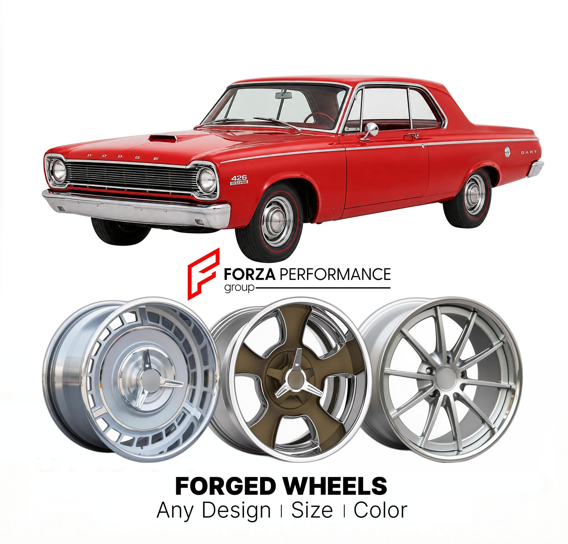 CUSTOM CLASSIC VINTAGE RESTOMOD RETRO OLD SCHOOL FORGED WHEELS RIMS for DODGE DART 426 HEMI 1962 - 1962
Custom forged wheels for classic American muscle cars. Ideal for restomod builds, vintage restorations, and show cars. Deep dish and retro styling available.

We manufacture premium quality forged wheels rims for Dodge Dart 426 Hemi 1962 - 1962 in any design, size, color.

THIS WHEEL DESIGN CAN BE CUSTOM-MADE FOR YOUR CAR IN ANY SIZE AND COLOR OPTIONS
Available in monoblock, 2-piece, 3-piece, duoblock, be
