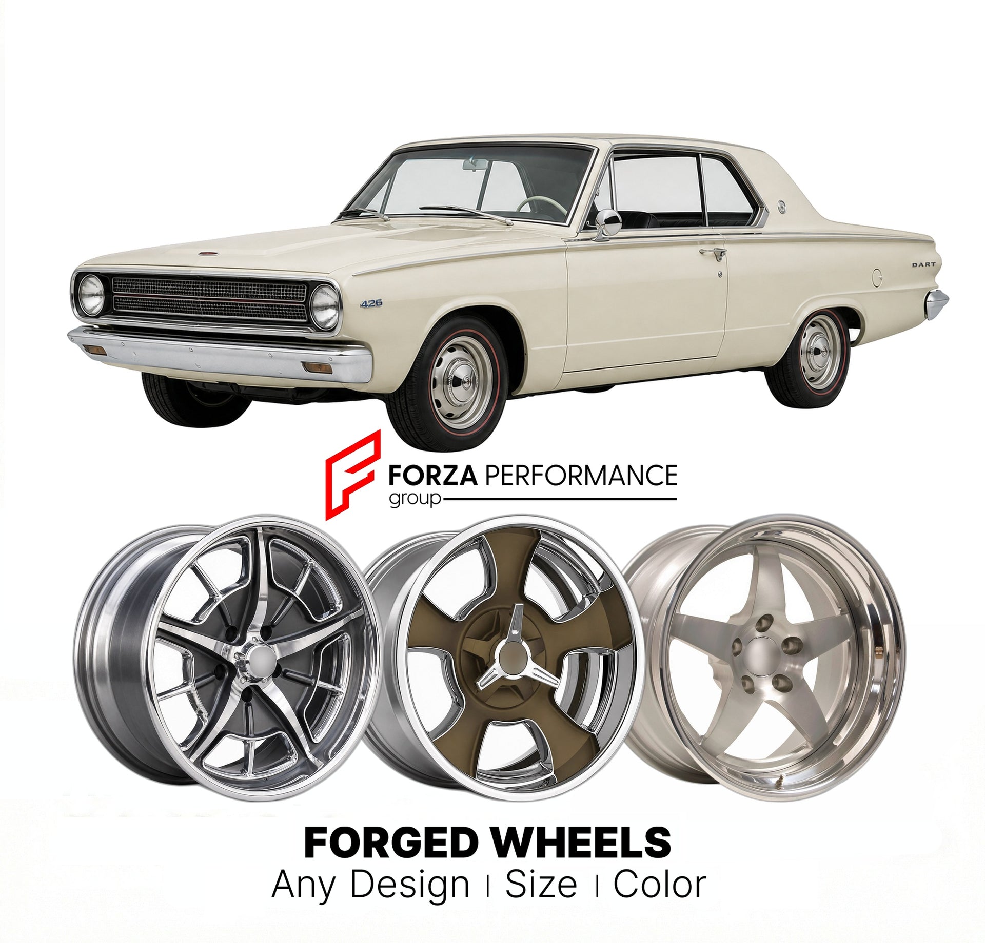 CUSTOM CLASSIC VINTAGE RESTOMOD RETRO OLD SCHOOL FORGED WHEELS RIMS for DODGE DART 426 HEMI 1963 - 1965
Custom forged wheels for classic American muscle cars. Ideal for restomod builds, vintage restorations, and show cars. Deep dish and retro styling available.

We manufacture premium quality forged wheels rims for Dodge Dart 426 Hemi 1963 - 1965 in any design, size, color.

THIS WHEEL DESIGN CAN BE CUSTOM-MADE FOR YOUR CAR IN ANY SIZE AND COLOR OPTIONS
Available in monoblock, 2-piece, 3-piece, duoblock, be