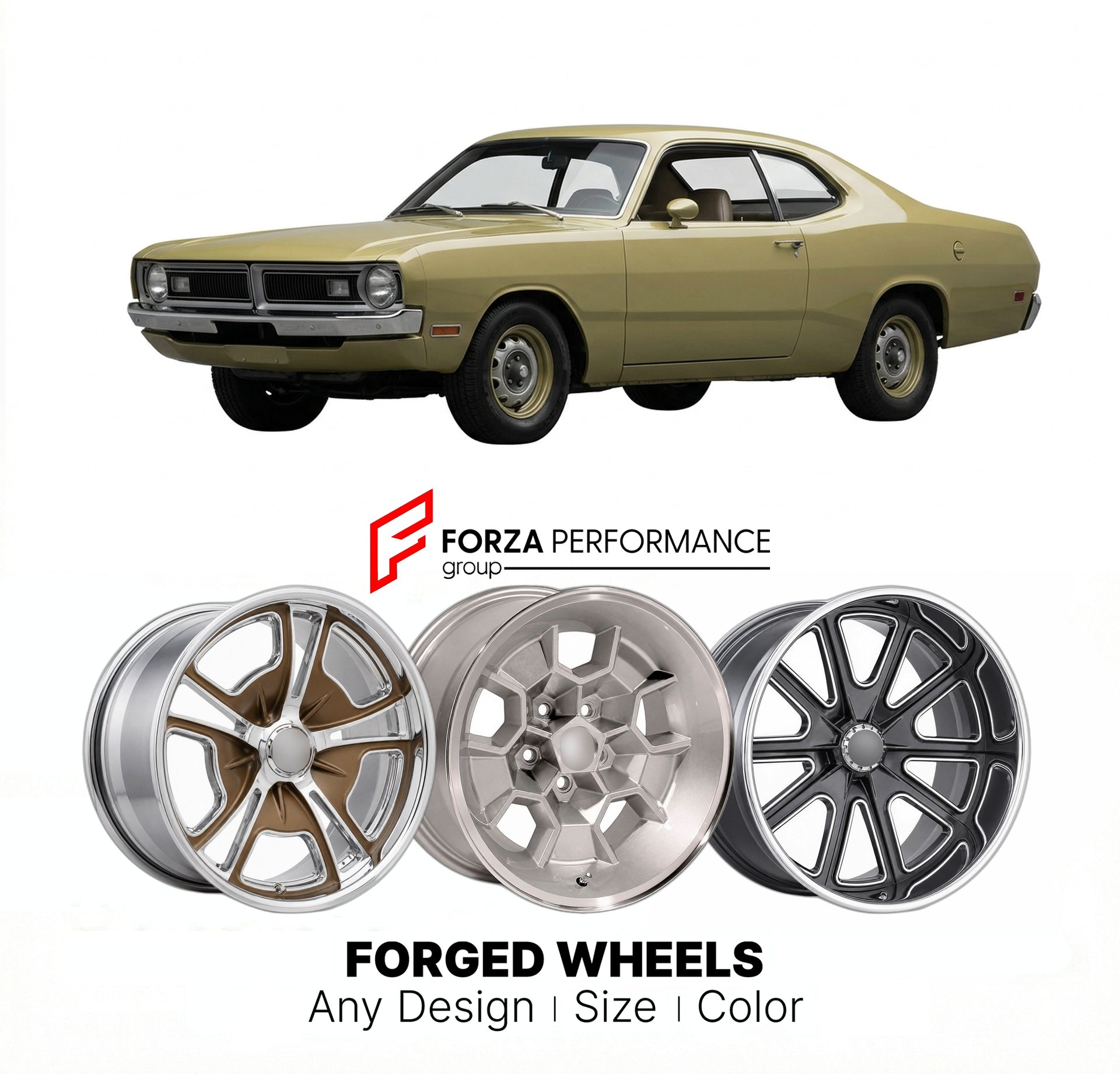 CUSTOM CLASSIC VINTAGE RESTOMOD RETRO OLD SCHOOL FORGED WHEELS RIMS for DODGE DART DEMON 1971 - 1972
Custom forged wheels for classic American muscle cars. Ideal for restomod builds, vintage restorations, and show cars. Deep dish and retro styling available.

We manufacture premium quality forged wheels rims for Dodge Dart Demon 1971 - 1972 in any design, size, color.

THIS WHEEL DESIGN CAN BE CUSTOM-MADE FOR YOUR CAR IN ANY SIZE AND COLOR OPTIONS
Available in monoblock, 2-piece, 3-piece, duoblock, beadlock