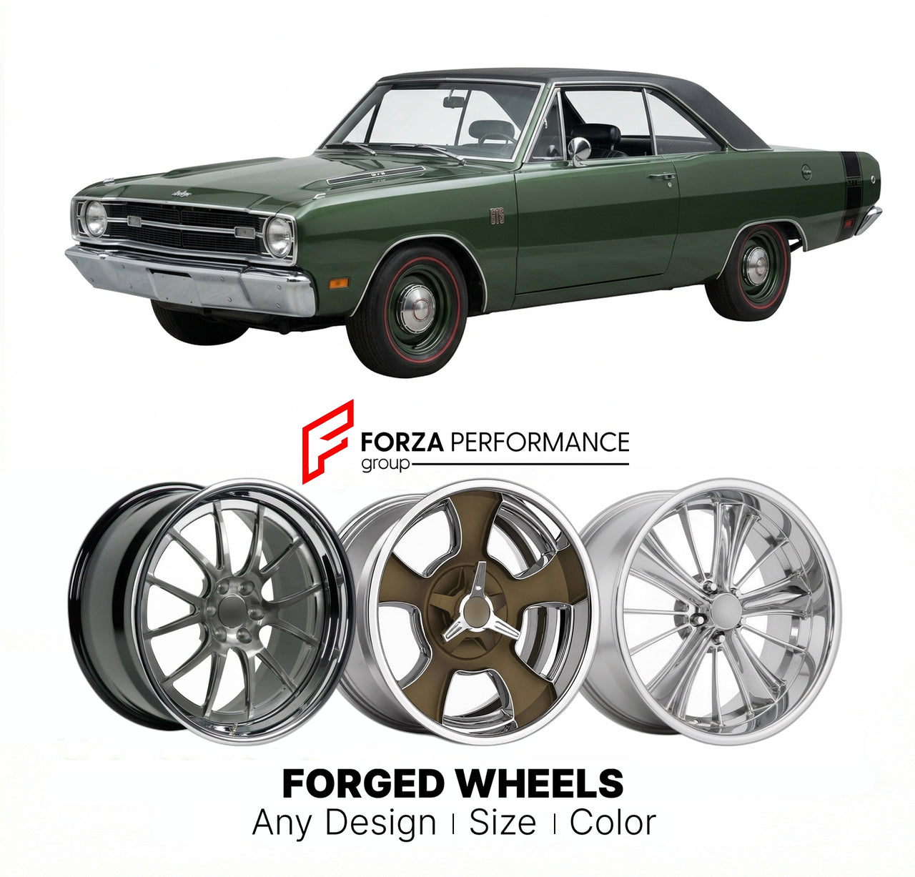 CUSTOM CLASSIC VINTAGE RESTOMOD RETRO OLD SCHOOL FORGED WHEELS RIMS for DODGE DART GTS 1968 - 1970
Custom forged wheels for classic American muscle cars. Ideal for restomod builds, vintage restorations, and show cars. Deep dish and retro styling available.

We manufacture premium quality forged wheels rims for Dodge Dart GTS 1968 - 1970 in any design, size, color.

THIS WHEEL DESIGN CAN BE CUSTOM-MADE FOR YOUR CAR IN ANY SIZE AND COLOR OPTIONS
Available in monoblock, 2-piece, 3-piece, duoblock, beadlock
3D 