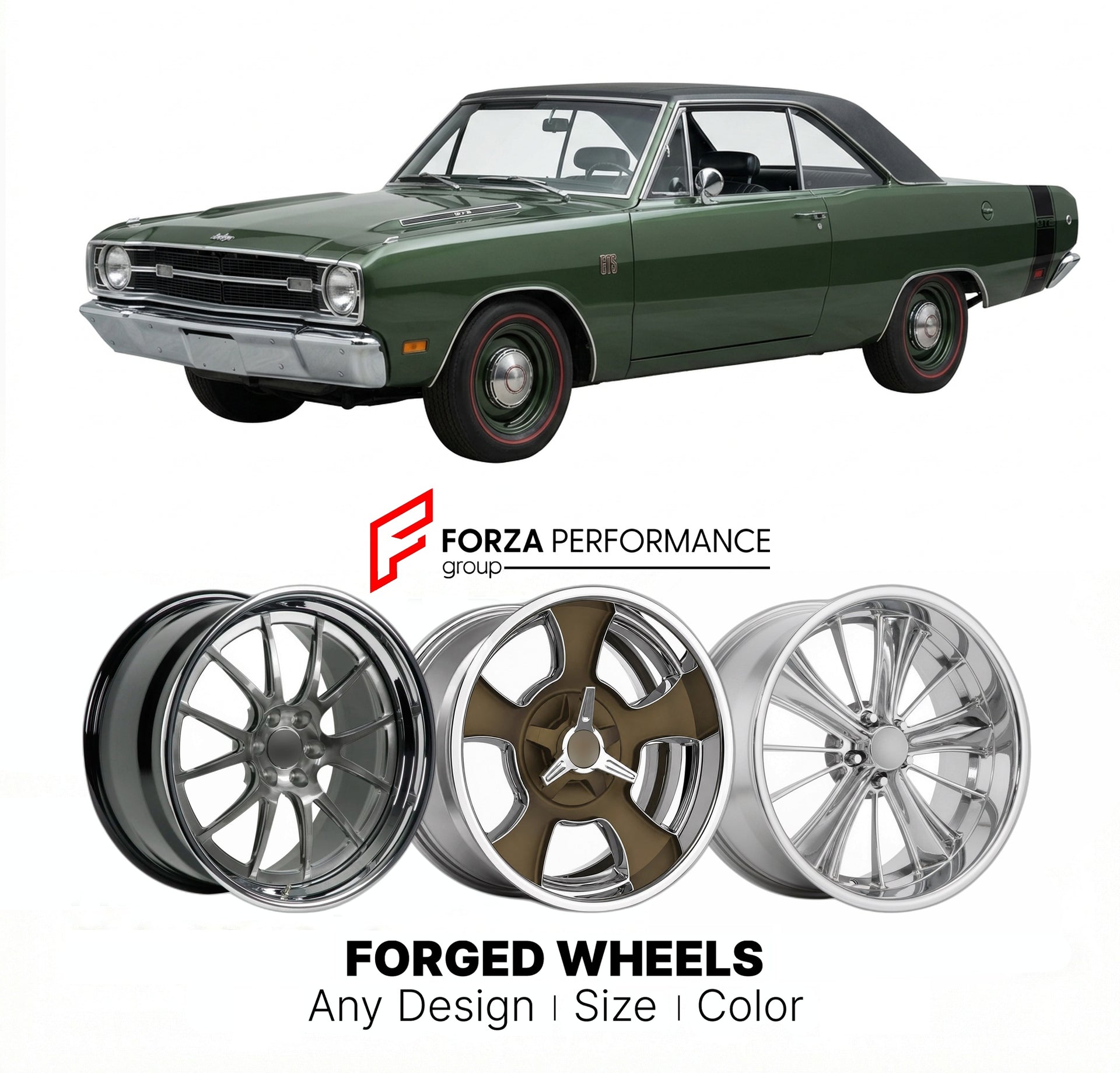 CUSTOM CLASSIC VINTAGE RESTOMOD RETRO OLD SCHOOL FORGED WHEELS RIMS for DODGE DART GTS 1968 - 1970
Custom forged wheels for classic American muscle cars. Ideal for restomod builds, vintage restorations, and show cars. Deep dish and retro styling available.

We manufacture premium quality forged wheels rims for Dodge Dart GTS 1968 - 1970 in any design, size, color.

THIS WHEEL DESIGN CAN BE CUSTOM-MADE FOR YOUR CAR IN ANY SIZE AND COLOR OPTIONS
Available in monoblock, 2-piece, 3-piece, duoblock, beadlock
3D 
