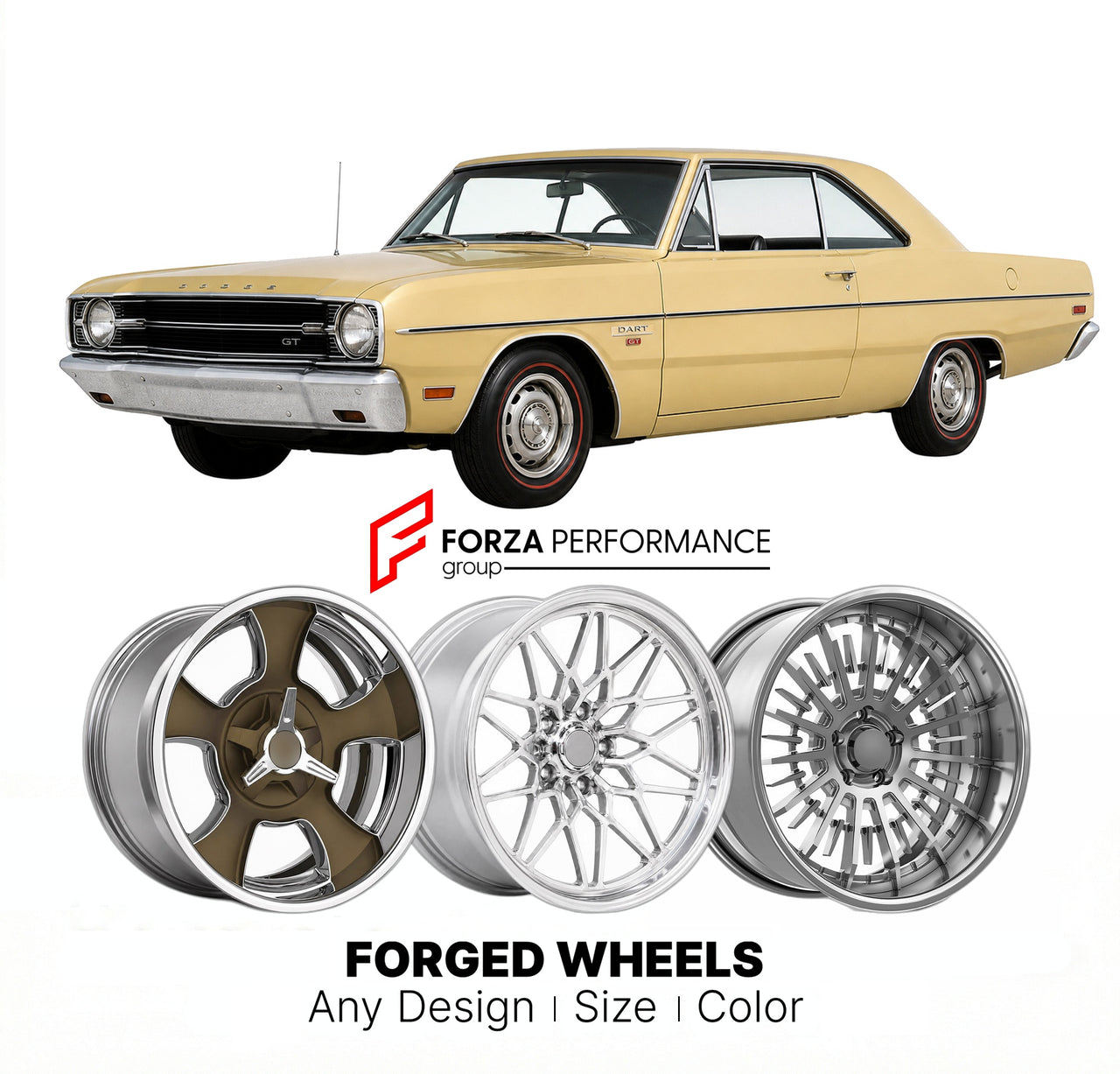 CUSTOM CLASSIC VINTAGE RESTOMOD RETRO OLD SCHOOL FORGED WHEELS RIMS for DODGE DART GT 1967 - 1976
Custom forged wheels for classic American muscle cars. Ideal for restomod builds, vintage restorations, and show cars. Deep dish and retro styling available.

We manufacture premium quality forged wheels rims for Dodge Dart GT 1967 - 1976 in any design, size, color.

THIS WHEEL DESIGN CAN BE CUSTOM-MADE FOR YOUR CAR IN ANY SIZE AND COLOR OPTIONS
Available in monoblock, 2-piece, 3-piece, duoblock, beadlock
3D wh