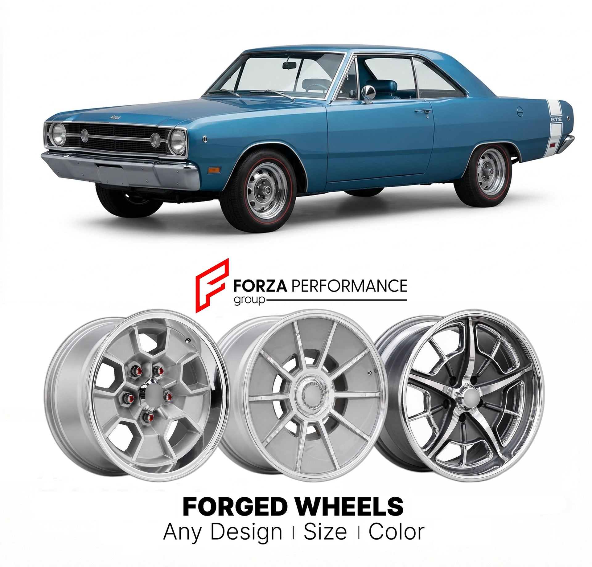 CUSTOM CLASSIC VINTAGE RESTOMOD RETRO OLD SCHOOL FORGED WHEELS RIMS for DODGE DART GT GTS SWINGER DEMON 1968 - 1976
Custom forged wheels for classic American muscle cars. Ideal for restomod builds, vintage restorations, and show cars. Deep dish and retro styling available.

We manufacture premium quality forged wheels rims for Dodge Dart GT GTS Swinger Demon 1968 - 1976 in any design, size, color.

THIS WHEEL DESIGN CAN BE CUSTOM-MADE FOR YOUR CAR IN ANY SIZE AND COLOR OPTIONS
Available in monoblock, 2-piec