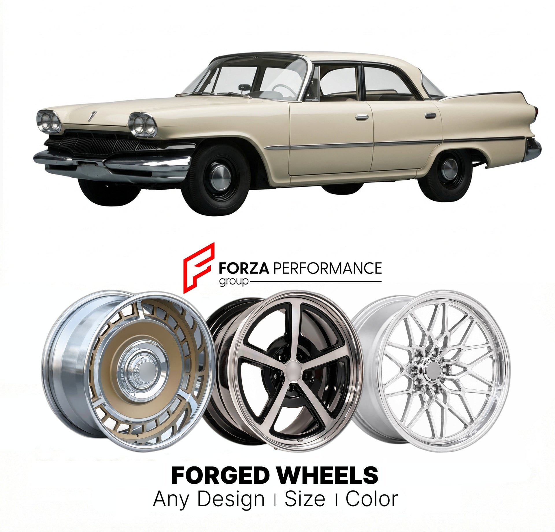CUSTOM CLASSIC VINTAGE RESTOMOD RETRO OLD SCHOOL FORGED WHEELS RIMS for DODGE DART PHOENIX 1960 - 1961
Custom forged wheels for classic American muscle cars. Ideal for restomod builds, vintage restorations, and show cars. Deep dish and retro styling available.

We manufacture premium quality forged wheels rims for Dodge Dart Phoenix 1960 - 1961 in any design, size, color.

THIS WHEEL DESIGN CAN BE CUSTOM-MADE FOR YOUR CAR IN ANY SIZE AND COLOR OPTIONS
Available in monoblock, 2-piece, 3-piece, duoblock, bead