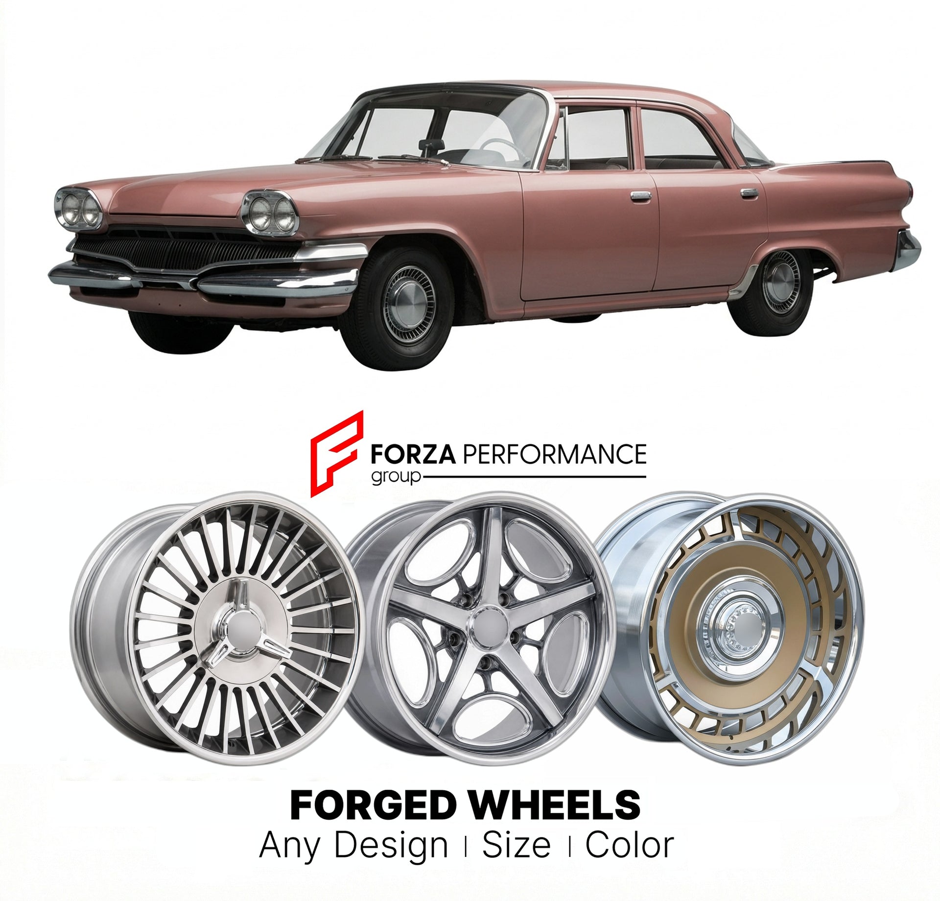 CUSTOM CLASSIC VINTAGE RESTOMOD RETRO OLD SCHOOL FORGED WHEELS RIMS for DODGE DART PIONEER 1960 - 1961
Custom forged wheels for classic American muscle cars. Ideal for restomod builds, vintage restorations, and show cars. Deep dish and retro styling available.

We manufacture premium quality forged wheels rims for Dodge Dart Pioneer 1960 - 1961 in any design, size, color.

THIS WHEEL DESIGN CAN BE CUSTOM-MADE FOR YOUR CAR IN ANY SIZE AND COLOR OPTIONS
Available in monoblock, 2-piece, 3-piece, duoblock, bead
