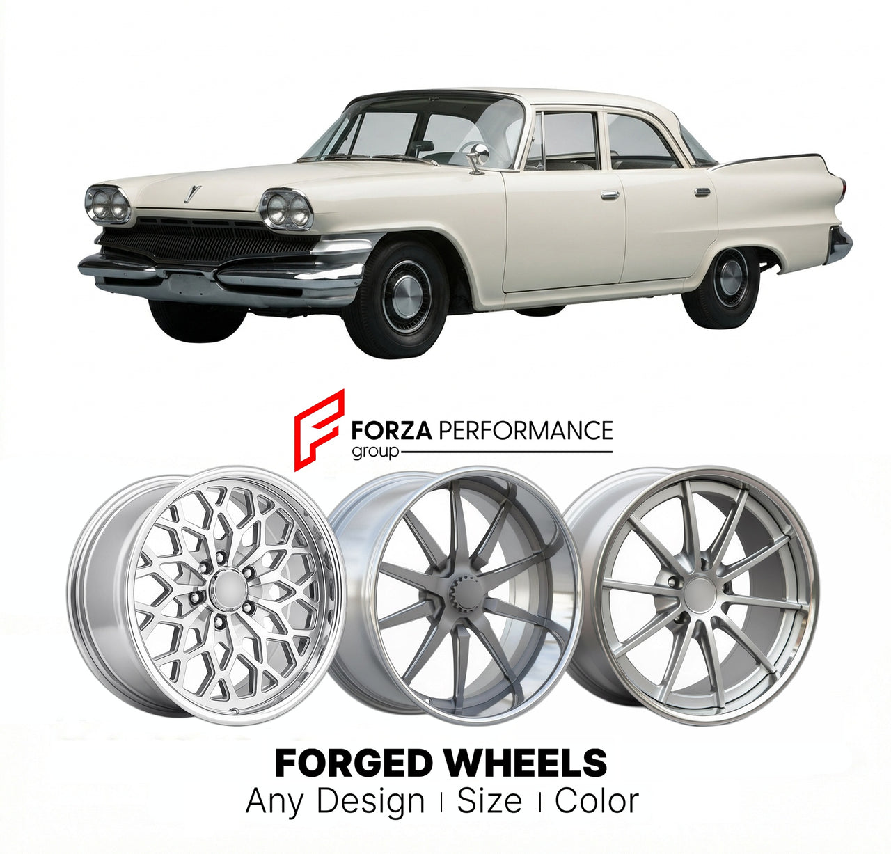 CUSTOM CLASSIC VINTAGE RESTOMOD RETRO OLD SCHOOL FORGED WHEELS RIMS for DODGE DART SENECA 1960 - 1961
Custom forged wheels for classic American muscle cars. Ideal for restomod builds, vintage restorations, and show cars. Deep dish and retro styling available.

We manufacture premium quality forged wheels rims for Dodge Dart Seneca 1960 - 1961 in any design, size, color.

THIS WHEEL DESIGN CAN BE CUSTOM-MADE FOR YOUR CAR IN ANY SIZE AND COLOR OPTIONS
Available in monoblock, 2-piece, 3-piece, duoblock, beadlo