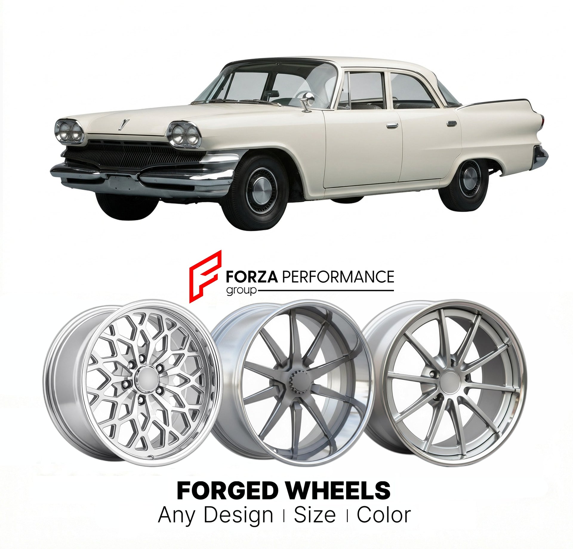 CUSTOM CLASSIC VINTAGE RESTOMOD RETRO OLD SCHOOL FORGED WHEELS RIMS for DODGE DART SENECA 1960 - 1961
Custom forged wheels for classic American muscle cars. Ideal for restomod builds, vintage restorations, and show cars. Deep dish and retro styling available.

We manufacture premium quality forged wheels rims for Dodge Dart Seneca 1960 - 1961 in any design, size, color.

THIS WHEEL DESIGN CAN BE CUSTOM-MADE FOR YOUR CAR IN ANY SIZE AND COLOR OPTIONS
Available in monoblock, 2-piece, 3-piece, duoblock, beadlo