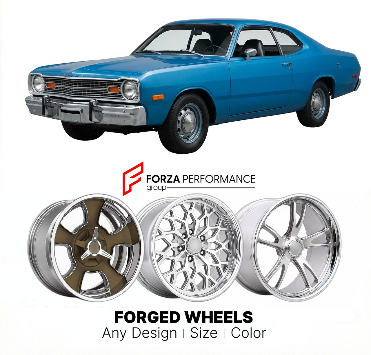 CUSTOM CLASSIC VINTAGE RESTOMOD RETRO OLD SCHOOL FORGED WHEELS RIMS for DODGE DART SPORT 1973 - 1976
Custom forged wheels for classic American muscle cars. Ideal for restomod builds, vintage restorations, and show cars. Deep dish and retro styling available.

We manufacture premium quality forged wheels rims for Dodge Dart Sport 1973 - 1976 in any design, size, color.

THIS WHEEL DESIGN CAN BE CUSTOM-MADE FOR YOUR CAR IN ANY SIZE AND COLOR OPTIONS
Available in monoblock, 2-piece, 3-piece, duoblock, beadlock