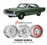 CUSTOM CLASSIC VINTAGE RESTOMOD RETRO OLD SCHOOL FORGED WHEELS RIMS for DODGE DART SWINGER 1969 - 1976
Custom forged wheels for classic American muscle cars. Ideal for restomod builds, vintage restorations, and show cars. Deep dish and retro styling available.

We manufacture premium quality forged wheels rims for Dodge Dart Swinger 1969 - 1976 in any design, size, color.

THIS WHEEL DESIGN CAN BE CUSTOM-MADE FOR YOUR CAR IN ANY SIZE AND COLOR OPTIONS
Available in monoblock, 2-piece, 3-piece, duoblock, bead
