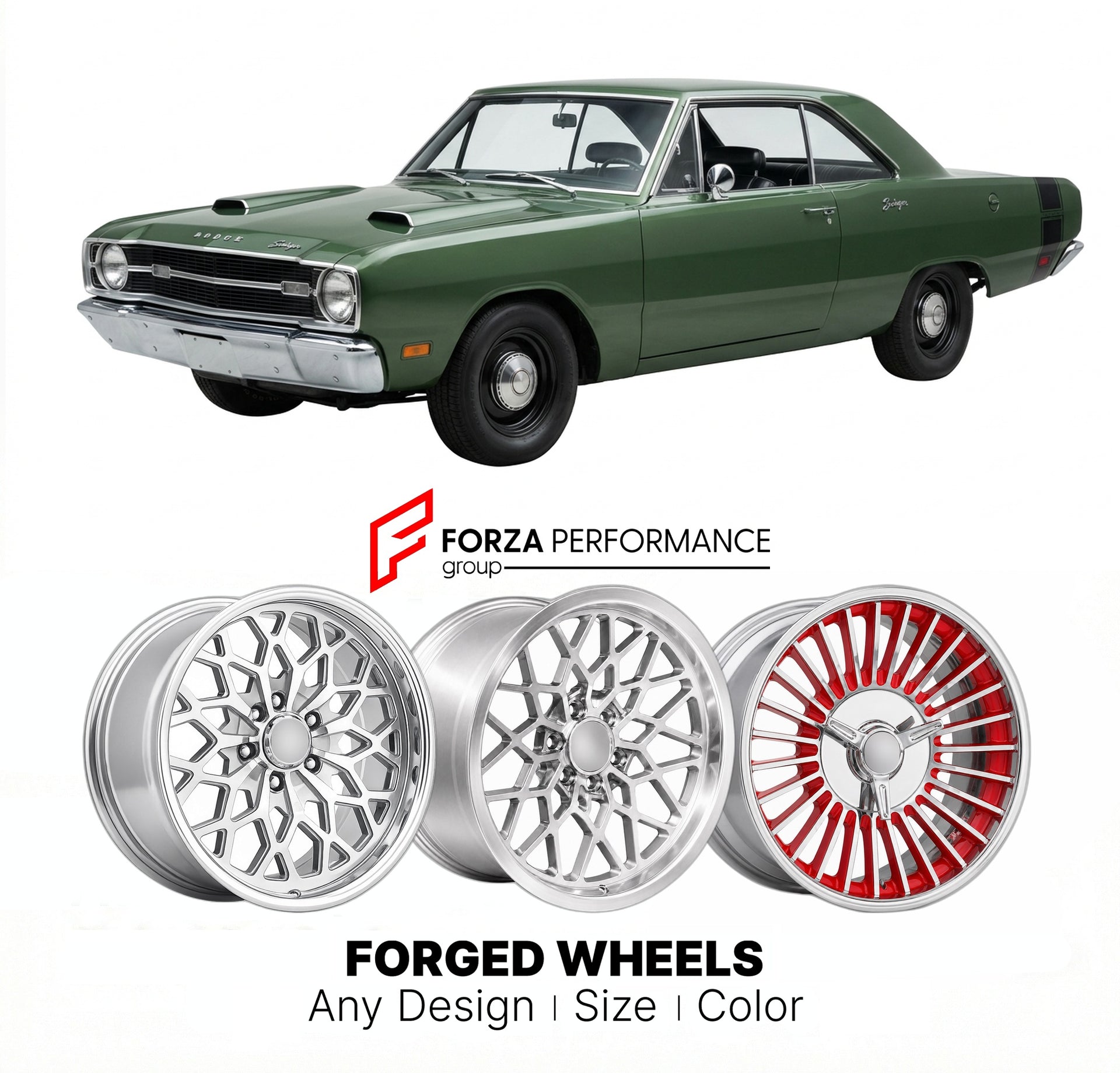CUSTOM CLASSIC VINTAGE RESTOMOD RETRO OLD SCHOOL FORGED WHEELS RIMS for DODGE DART SWINGER 1969 - 1976
Custom forged wheels for classic American muscle cars. Ideal for restomod builds, vintage restorations, and show cars. Deep dish and retro styling available.

We manufacture premium quality forged wheels rims for Dodge Dart Swinger 1969 - 1976 in any design, size, color.

THIS WHEEL DESIGN CAN BE CUSTOM-MADE FOR YOUR CAR IN ANY SIZE AND COLOR OPTIONS
Available in monoblock, 2-piece, 3-piece, duoblock, bead