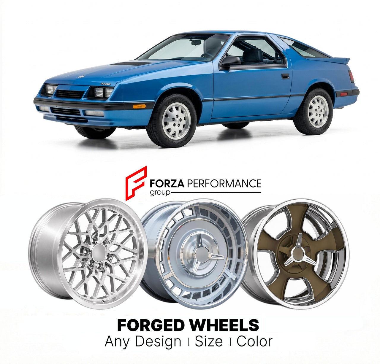CUSTOM CLASSIC VINTAGE RESTOMOD RETRO OLD SCHOOL FORGED WHEELS RIMS for DODGE DAYTONA 1984 - 1987
Custom forged wheels for classic American muscle cars. Ideal for restomod builds, vintage restorations, and show cars. Deep dish and retro styling available.

We manufacture premium quality forged wheels rims for Dodge Daytona 1984 - 1987 in any design, size, color.

THIS WHEEL DESIGN CAN BE CUSTOM-MADE FOR YOUR CAR IN ANY SIZE AND COLOR OPTIONS
Available in monoblock, 2-piece, 3-piece, duoblock, beadlock
3D wh