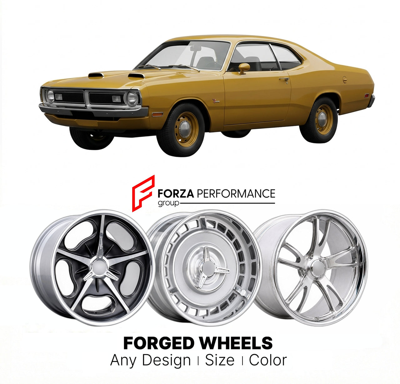 CUSTOM CLASSIC VINTAGE RESTOMOD RETRO OLD SCHOOL FORGED WHEELS RIMS for DODGE DEMON 1971 - 1972
Custom forged wheels for classic American muscle cars. Ideal for restomod builds, vintage restorations, and show cars. Deep dish and retro styling available.

We manufacture premium quality forged wheels rims for Dodge Demon 1971 - 1972 in any design, size, color.

THIS WHEEL DESIGN CAN BE CUSTOM-MADE FOR YOUR CAR IN ANY SIZE AND COLOR OPTIONS
Available in monoblock, 2-piece, 3-piece, duoblock, beadlock
3D wheel 