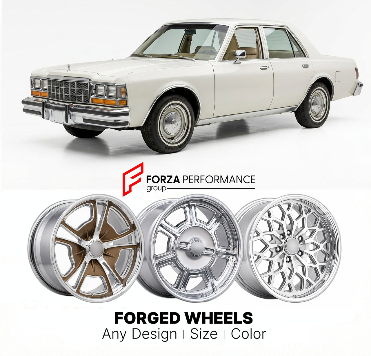CUSTOM CLASSIC VINTAGE RESTOMOD RETRO OLD SCHOOL FORGED WHEELS RIMS for DODGE DIPLOMAT 1977 - 1989
Custom forged wheels for classic American muscle cars. Ideal for restomod builds, vintage restorations, and show cars. Deep dish and retro styling available.

We manufacture premium quality forged wheels rims for Dodge Diplomat 1977 - 1989 in any design, size, color.

THIS WHEEL DESIGN CAN BE CUSTOM-MADE FOR YOUR CAR IN ANY SIZE AND COLOR OPTIONS
Available in monoblock, 2-piece, 3-piece, duoblock, beadlock
3D 