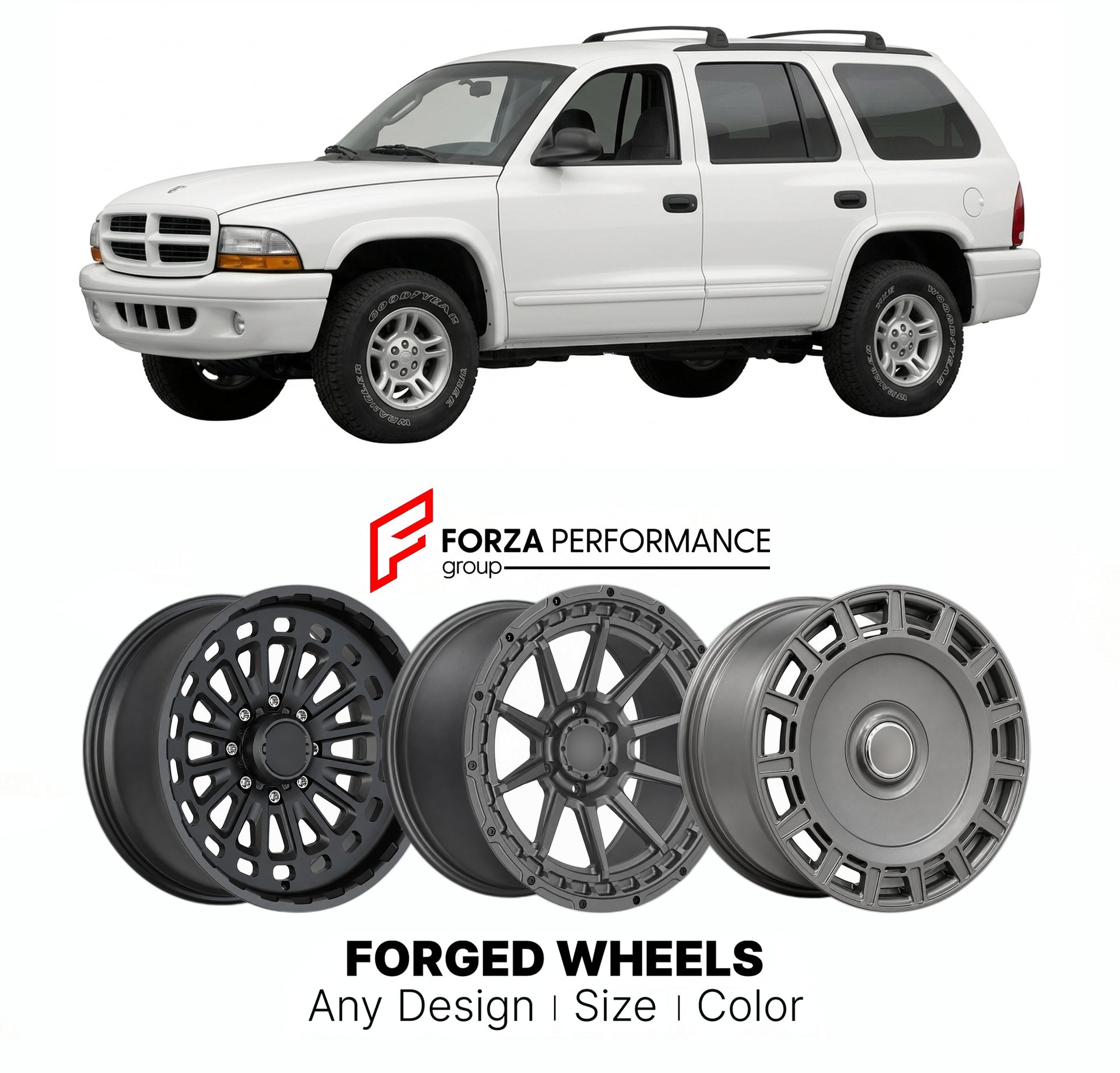 FORGED WHEELS RIMS for DODGE DURANGO 1998 - 2003

Custom forged wheels for Dodge Durango 1998 - 2003. Made-to-order monoblock, 2-piece and 3-piece rims in custom sizes, offsets, colors and finishes with guaranteed fitment.

We manufacture premium quality forged wheels rims for Dodge Durango 1998 - 2003 in any design, size, color.

THIS WHEEL DESIGN CAN BE CUSTOM-MADE FOR YOUR CAR IN ANY SIZE AND COLOR OPTIONS
Available in monoblock, 2-piece, 3-piece, duoblock, beadlock
3D wheel renderings are provided accor