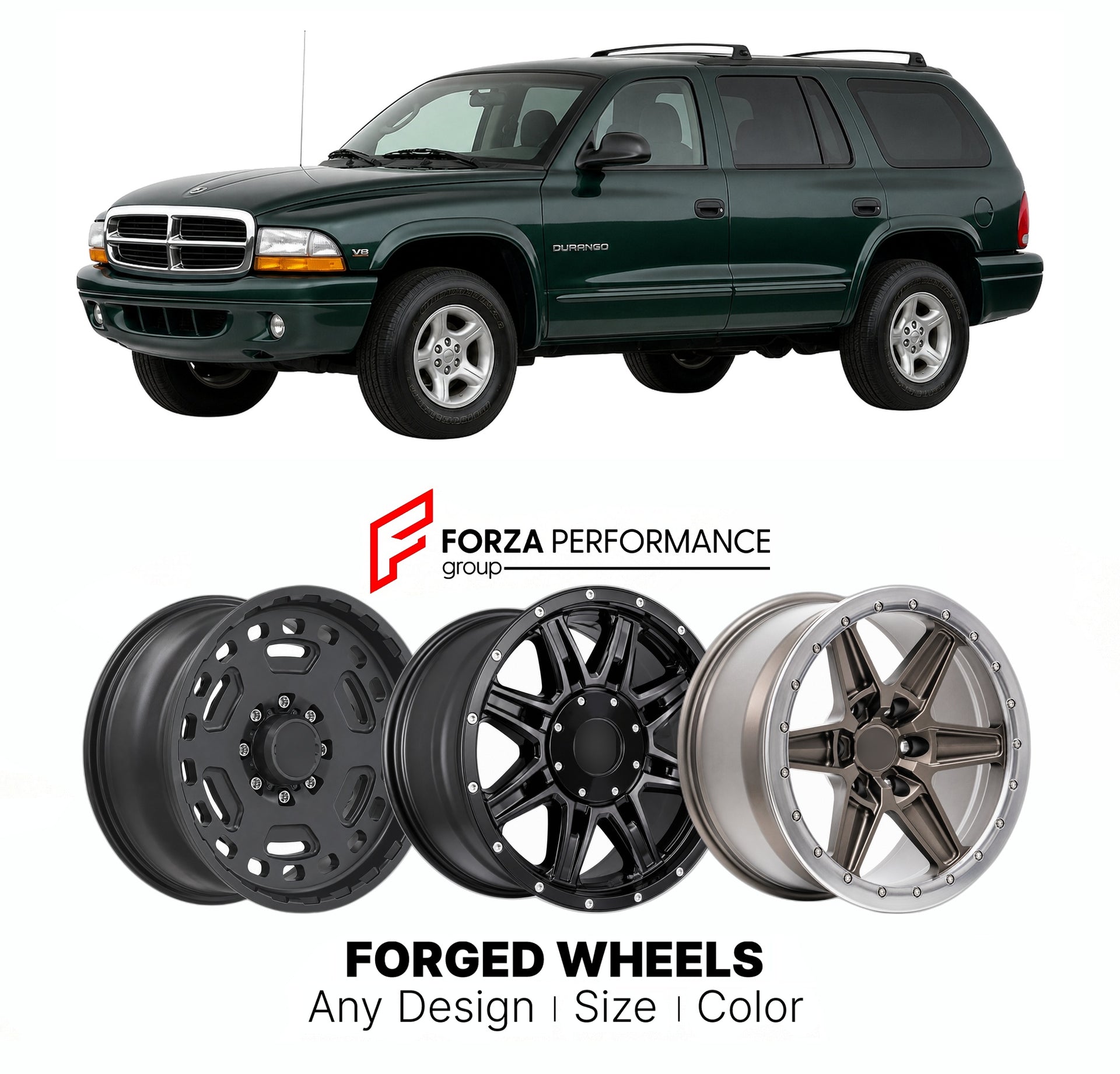 FORGED WHEELS RIMS for DODGE DURANGO PURSUIT 1998+

Custom forged wheels for Dodge Durango Pursuit 1998+. Made-to-order monoblock, 2-piece and 3-piece rims in custom sizes, offsets, colors and finishes with guaranteed fitment.

We manufacture premium quality forged wheels rims for Dodge Durango Pursuit 1998+ in any design, size, color.

THIS WHEEL DESIGN CAN BE CUSTOM-MADE FOR YOUR CAR IN ANY SIZE AND COLOR OPTIONS
Available in monoblock, 2-piece, 3-piece, duoblock, beadlock
3D wheel renderings are provided