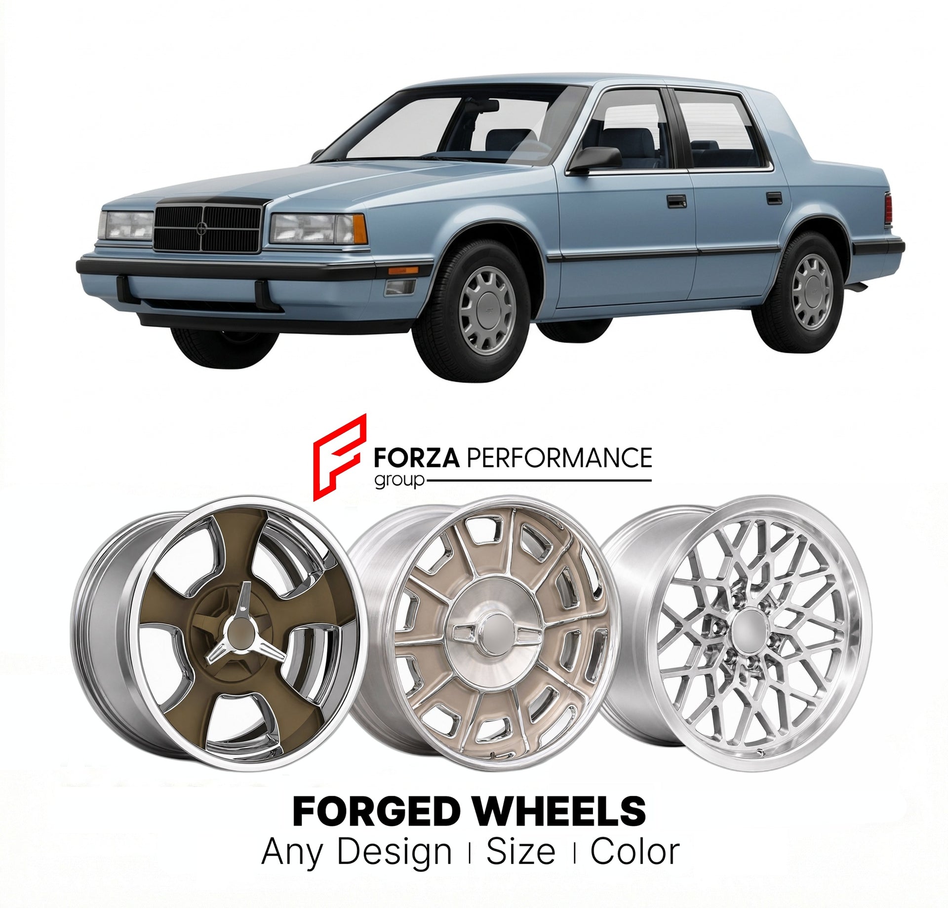 CUSTOM CLASSIC VINTAGE RESTOMOD RETRO OLD SCHOOL FORGED WHEELS RIMS for DODGE DYNASTY 1988 - 1990
Custom forged wheels for classic American muscle cars. Ideal for restomod builds, vintage restorations, and show cars. Deep dish and retro styling available.

We manufacture premium quality forged wheels rims for Dodge Dynasty 1988 - 1990 in any design, size, color.

THIS WHEEL DESIGN CAN BE CUSTOM-MADE FOR YOUR CAR IN ANY SIZE AND COLOR OPTIONS
Available in monoblock, 2-piece, 3-piece, duoblock, beadlock
3D wh