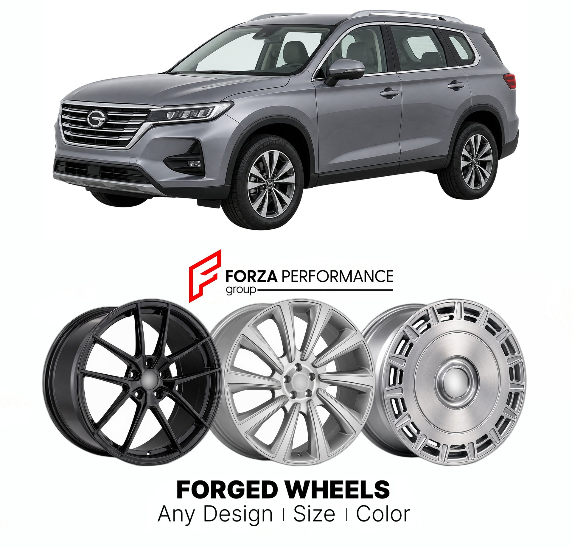 Custom forged wheels for Dodge GAC Trumpchi Journey GS5 Twin 2022 - 2024. Made-to-order monoblock, 2-piece and 3-piece wheels in custom sizes, offsets, colors and finishes with guaranteed vehicle fitment.

We manufacture premium quality forged wheels rims for Dodge GAC Trumpchi Journey GS5 Twin 2022 - 2024 in any design, size, color.

THIS WHEEL DESIGN CAN BE CUSTOM-MADE FOR YOUR CAR IN ANY SIZE AND COLOR OPTIONS
Available in monoblock, 2-piece, 3-piece, duoblock, beadlock
3D wheel renderings are provided a