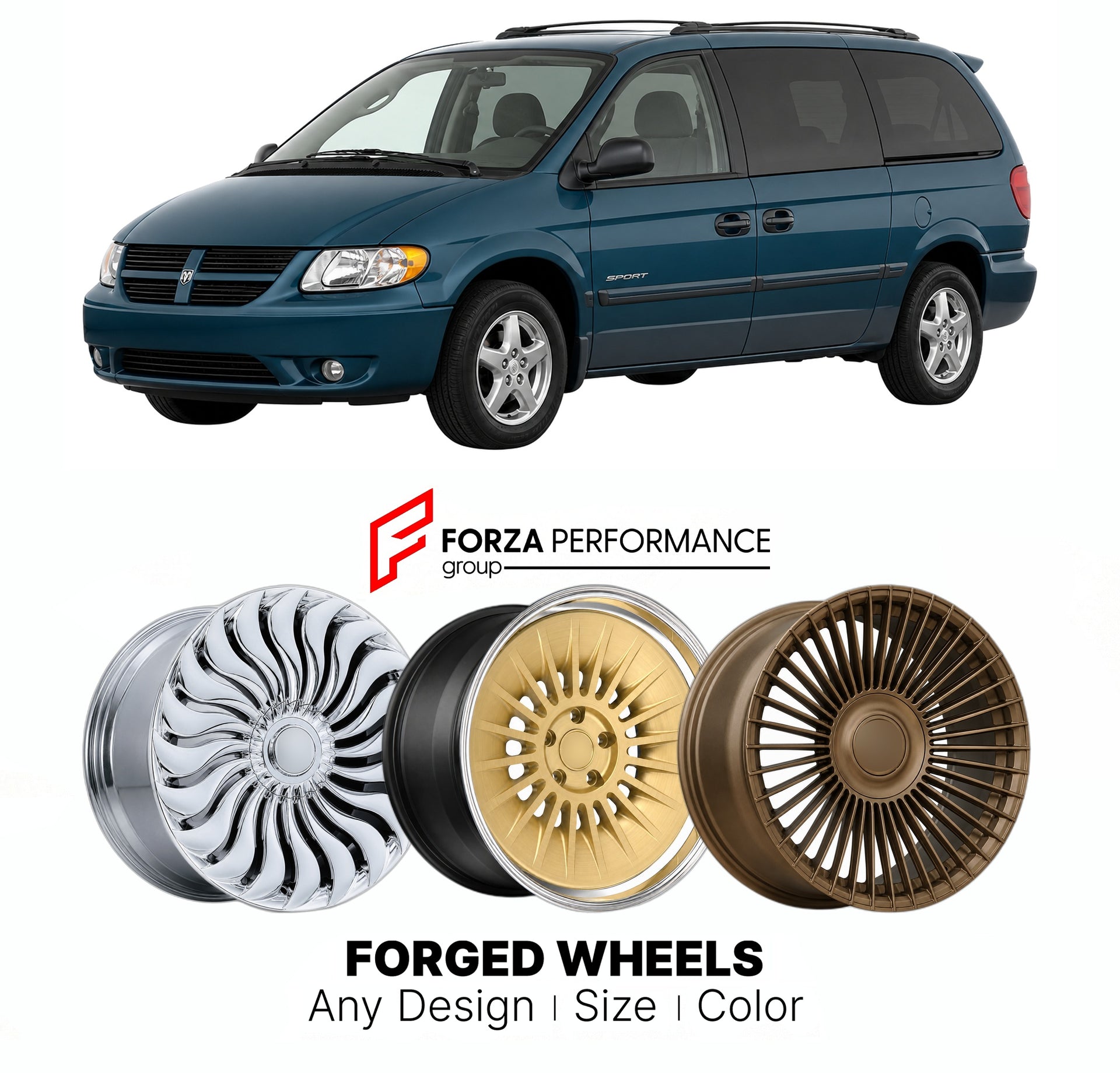 FORGED WHEELS RIMS for DODGE GRAND CARAVAN SPORT 1991 - 2020

Custom forged wheels for Dodge Grand Caravan Sport 1991 - 2020. Made-to-order monoblock, 2-piece and 3-piece rims in custom sizes, offsets, colors and finishes with guaranteed fitment.

We manufacture premium quality forged wheels rims for Dodge Grand Caravan Sport 1991 - 2020 in any design, size, color.

THIS WHEEL DESIGN CAN BE CUSTOM-MADE FOR YOUR CAR IN ANY SIZE AND COLOR OPTIONS
Available in monoblock, 2-piece, 3-piece, duoblock, beadlock
3D