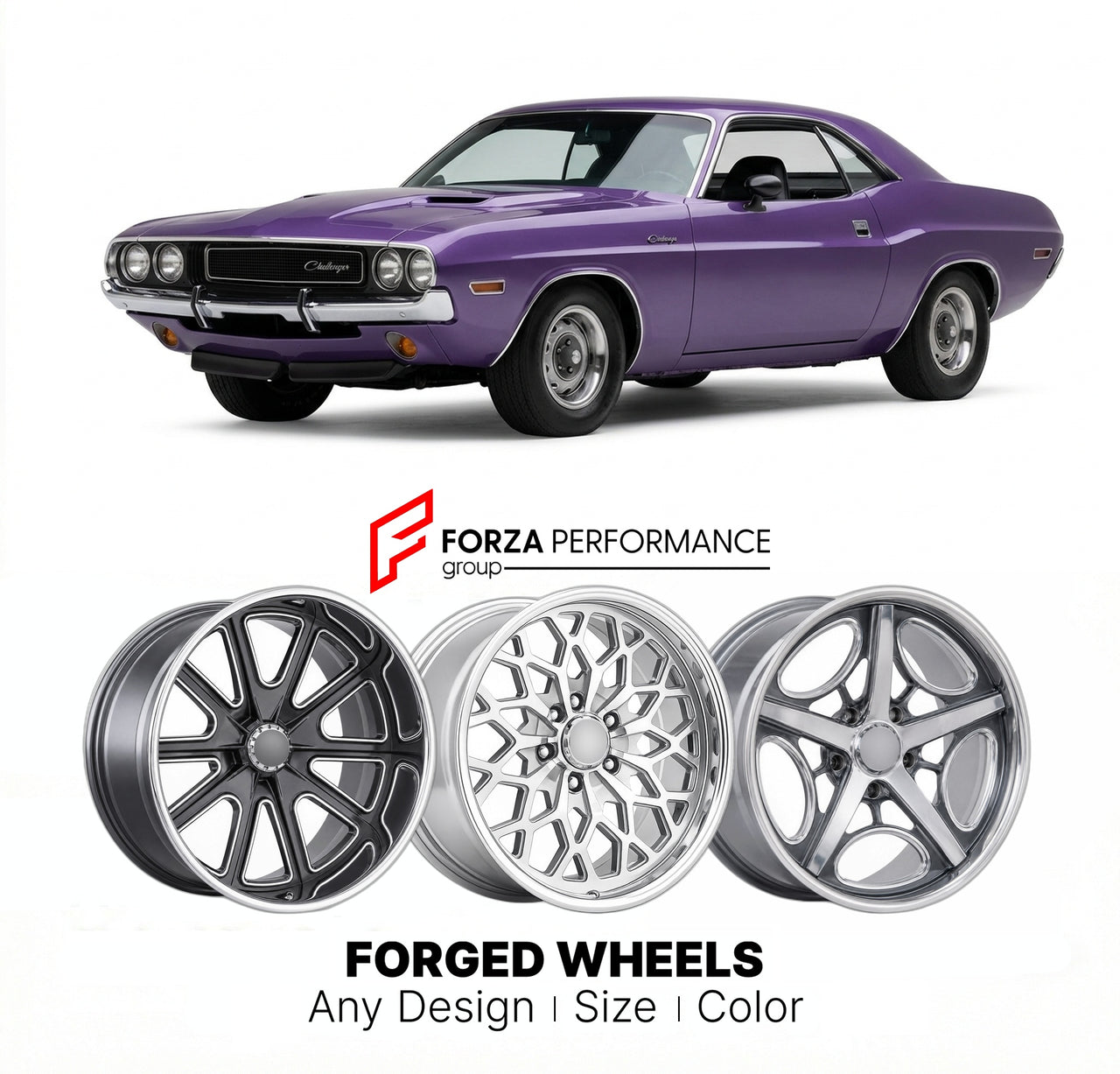 CUSTOM CLASSIC VINTAGE RESTOMOD RETRO OLD SCHOOL FORGED WHEELS RIMS for DODGE HEMI CHALLENGER 1970 - 1971
Custom forged wheels for classic American muscle cars. Ideal for restomod builds, vintage restorations, and show cars. Deep dish and retro styling available.

We manufacture premium quality forged wheels rims for Dodge Hemi Challenger 1970 - 1971 in any design, size, color.

THIS WHEEL DESIGN CAN BE CUSTOM-MADE FOR YOUR CAR IN ANY SIZE AND COLOR OPTIONS
Available in monoblock, 2-piece, 3-piece, duoblock