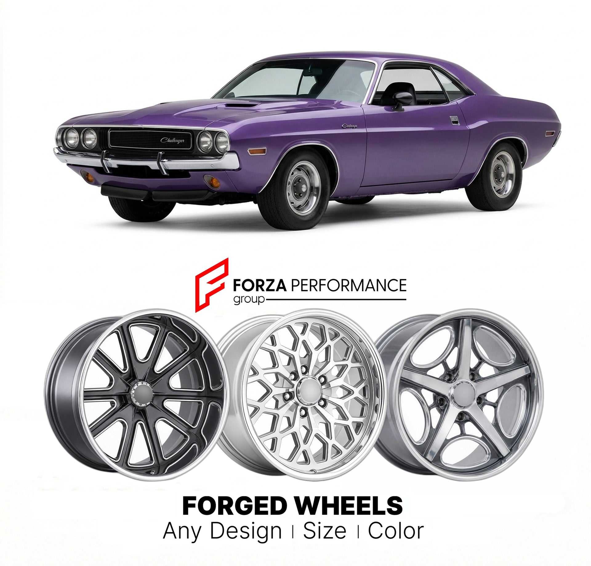CUSTOM CLASSIC VINTAGE RESTOMOD RETRO OLD SCHOOL FORGED WHEELS RIMS for DODGE HEMI CHALLENGER 1970 - 1971
Custom forged wheels for classic American muscle cars. Ideal for restomod builds, vintage restorations, and show cars. Deep dish and retro styling available.

We manufacture premium quality forged wheels rims for Dodge Hemi Challenger 1970 - 1971 in any design, size, color.

THIS WHEEL DESIGN CAN BE CUSTOM-MADE FOR YOUR CAR IN ANY SIZE AND COLOR OPTIONS
Available in monoblock, 2-piece, 3-piece, duoblock