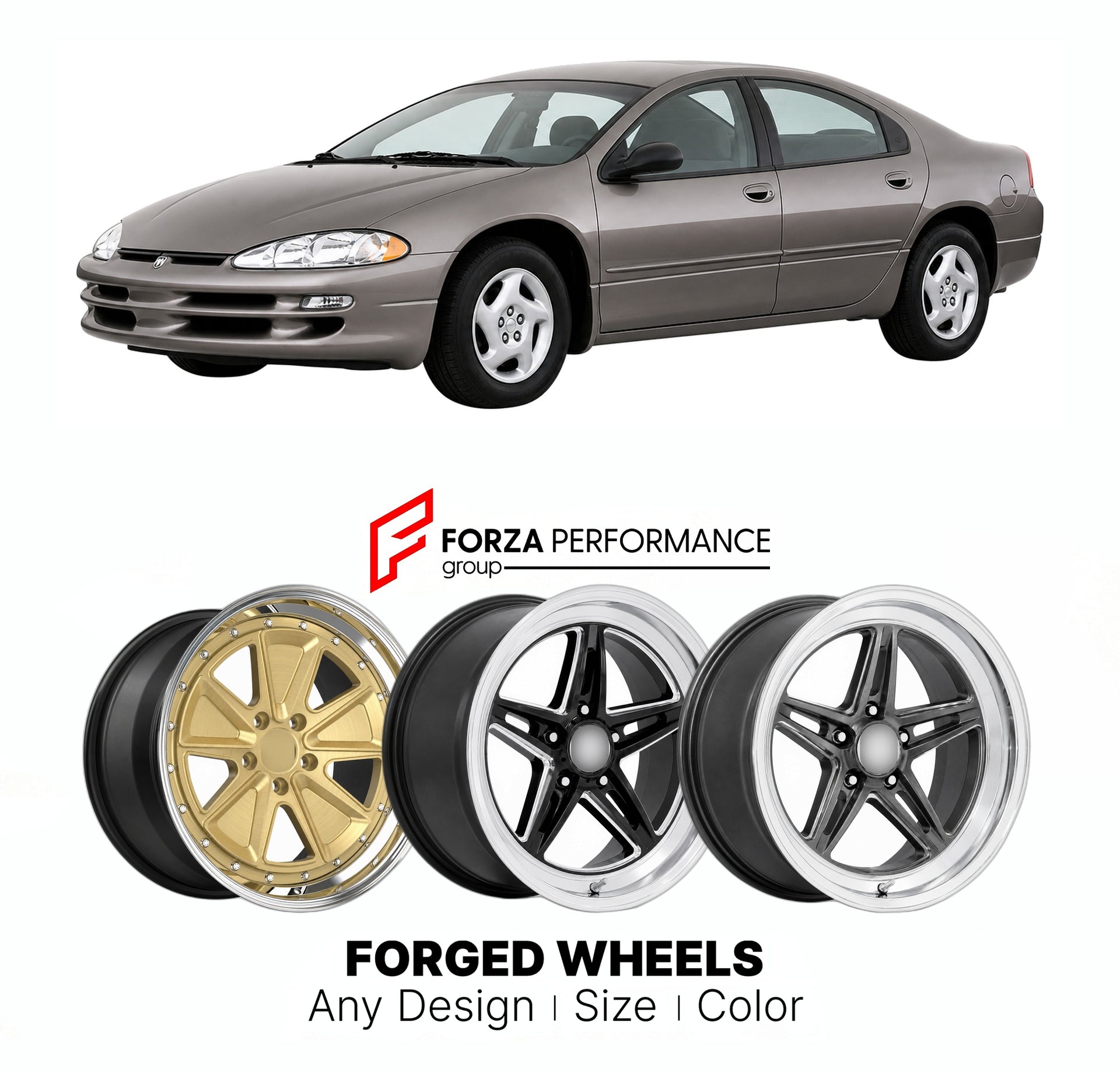 FORGED WHEELS RIMS for DODGE INTREPID 1998 - 2004

Custom forged wheels for Dodge Intrepid 1998 - 2004. Made-to-order monoblock, 2-piece and 3-piece rims in custom sizes, offsets, colors and finishes with guaranteed fitment.

We manufacture premium quality forged wheels rims for Dodge Intrepid 1998 - 2004 in any design, size, color.

THIS WHEEL DESIGN CAN BE CUSTOM-MADE FOR YOUR CAR IN ANY SIZE AND COLOR OPTIONS
Available in monoblock, 2-piece, 3-piece, duoblock, beadlock
3D wheel renderings are provided ac