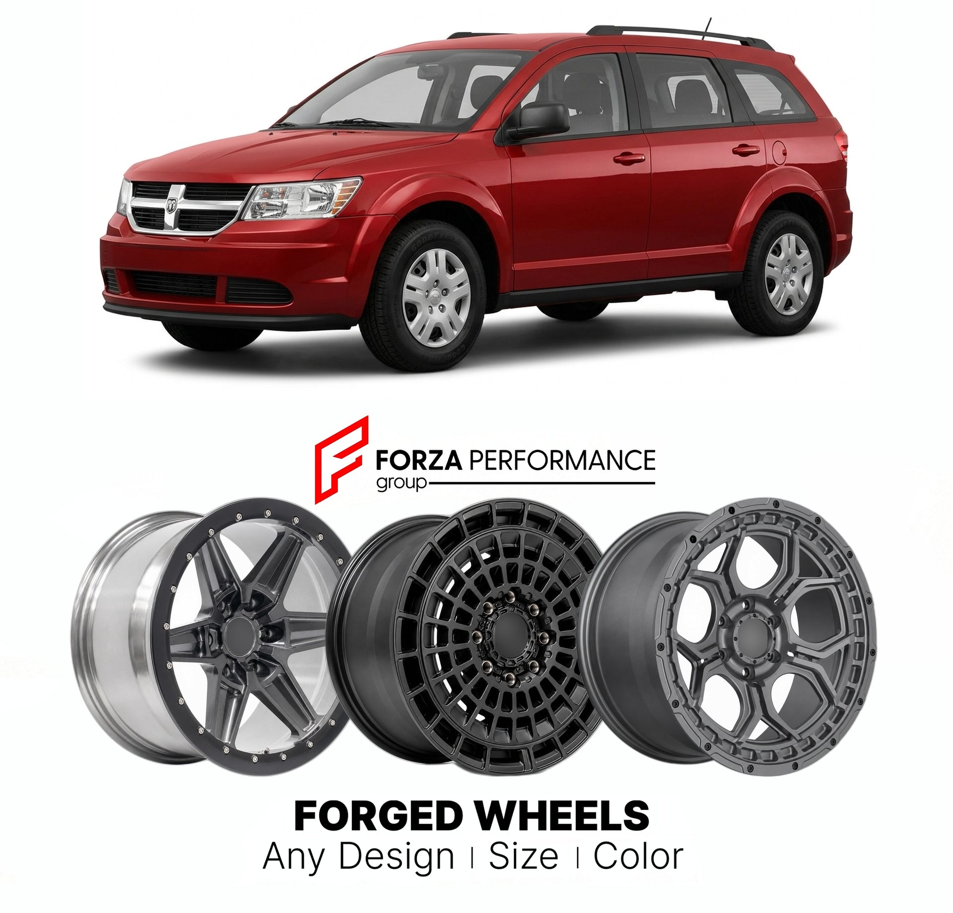 FORGED WHEELS RIMS for DODGE JOURNEY 2009 - 2020

Custom forged wheels for Dodge Journey 2009 - 2020. Made-to-order monoblock, 2-piece and 3-piece rims in custom sizes, offsets, colors and finishes with guaranteed fitment.

We manufacture premium quality forged wheels rims for Dodge Journey 2009 - 2020 in any design, size, color.

THIS WHEEL DESIGN CAN BE CUSTOM-MADE FOR YOUR CAR IN ANY SIZE AND COLOR OPTIONS
Available in monoblock, 2-piece, 3-piece, duoblock, beadlock
3D wheel renderings are provided accor