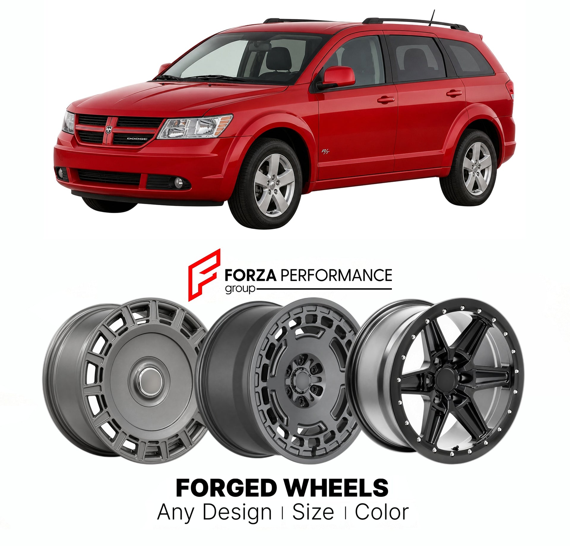 FORGED WHEELS RIMS for DODGE JOURNEY R T 2009 - 2020

Custom forged wheels for Dodge Journey R T 2009 - 2020. Made-to-order monoblock, 2-piece and 3-piece rims in custom sizes, offsets, colors and finishes with guaranteed fitment.

We manufacture premium quality forged wheels rims for Dodge Journey R T 2009 - 2020 in any design, size, color.

THIS WHEEL DESIGN CAN BE CUSTOM-MADE FOR YOUR CAR IN ANY SIZE AND COLOR OPTIONS
Available in monoblock, 2-piece, 3-piece, duoblock, beadlock
3D wheel renderings are pr