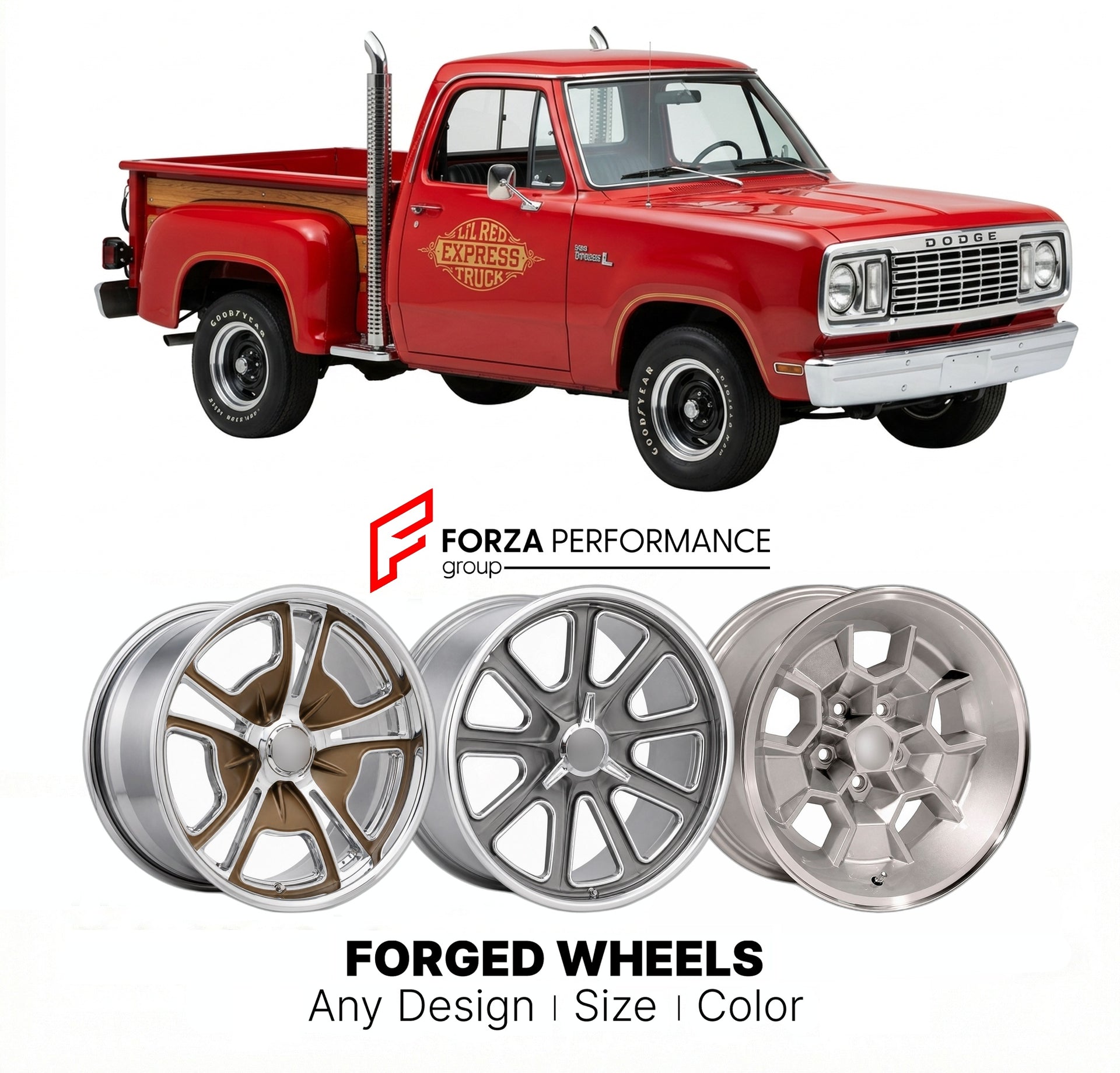 CUSTOM CLASSIC VINTAGE RESTOMOD RETRO OLD SCHOOL FORGED WHEELS RIMS for DODGE LIL RED EXPRESS 1978 - 1979
Custom forged wheels for classic American muscle cars. Ideal for restomod builds, vintage restorations, and show cars. Deep dish and retro styling available.

We manufacture premium quality forged wheels rims for Dodge Lil Red Express 1978 - 1979 in any design, size, color.

THIS WHEEL DESIGN CAN BE CUSTOM-MADE FOR YOUR CAR IN ANY SIZE AND COLOR OPTIONS
Available in monoblock, 2-piece, 3-piece, duoblock